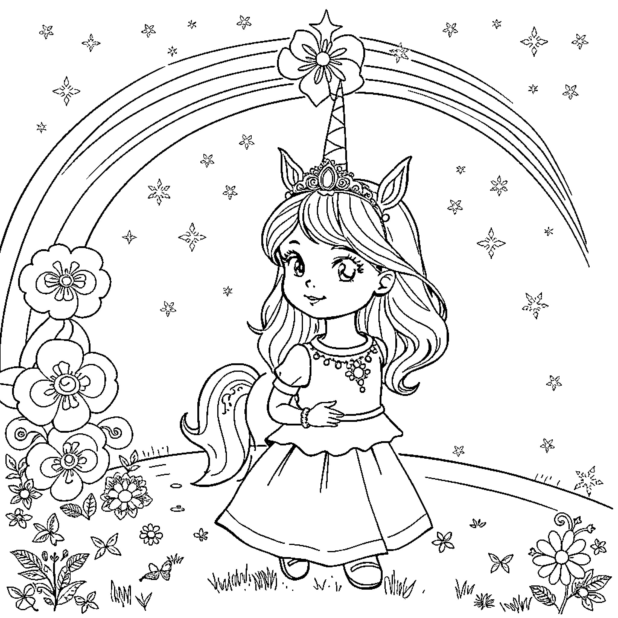 Girl in flower crown enjoys starry rainbow Coloring Page (free black-and-white line drawing printable PDF for all, from beginners to advanced learners, including children, teens, adults, and seniors)