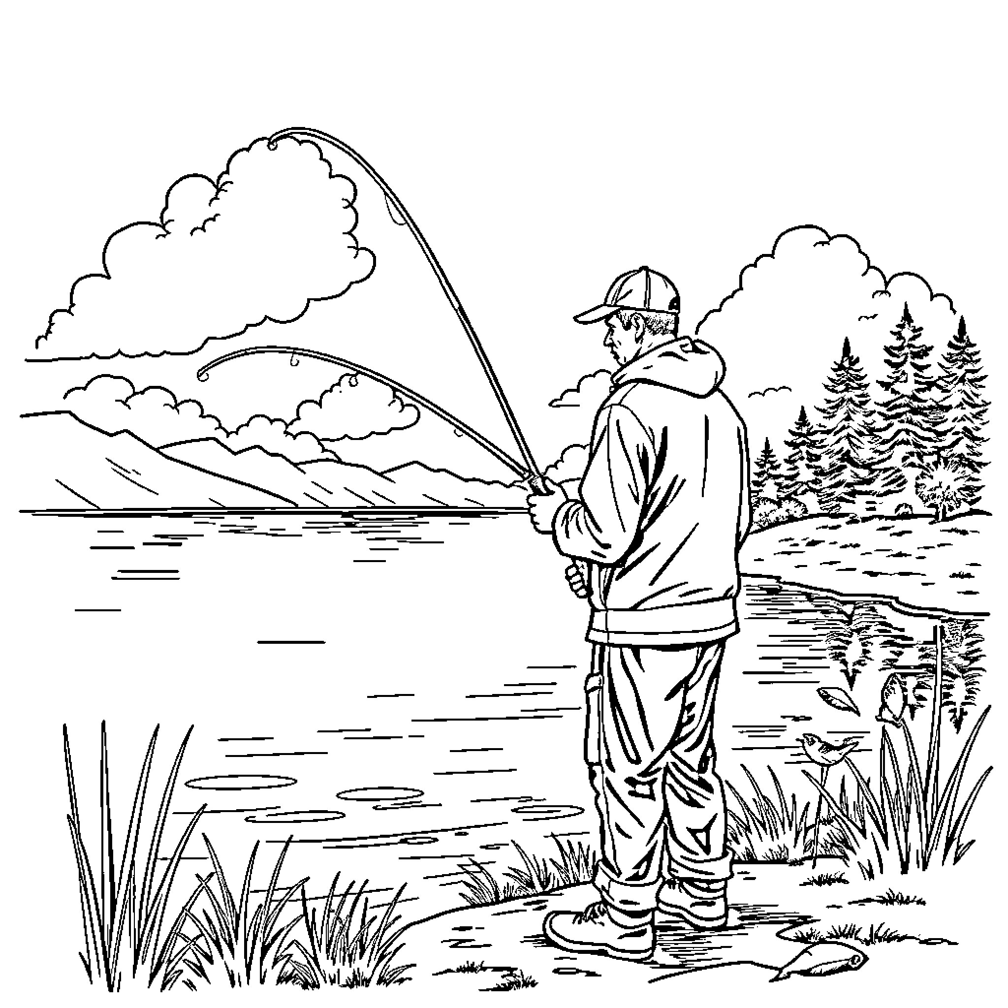 Fisherman casting his line in the serene lake Coloring Page (free black-and-white line drawing printable PDF for all, from beginners to advanced learners, including children, teens, adults, and seniors)