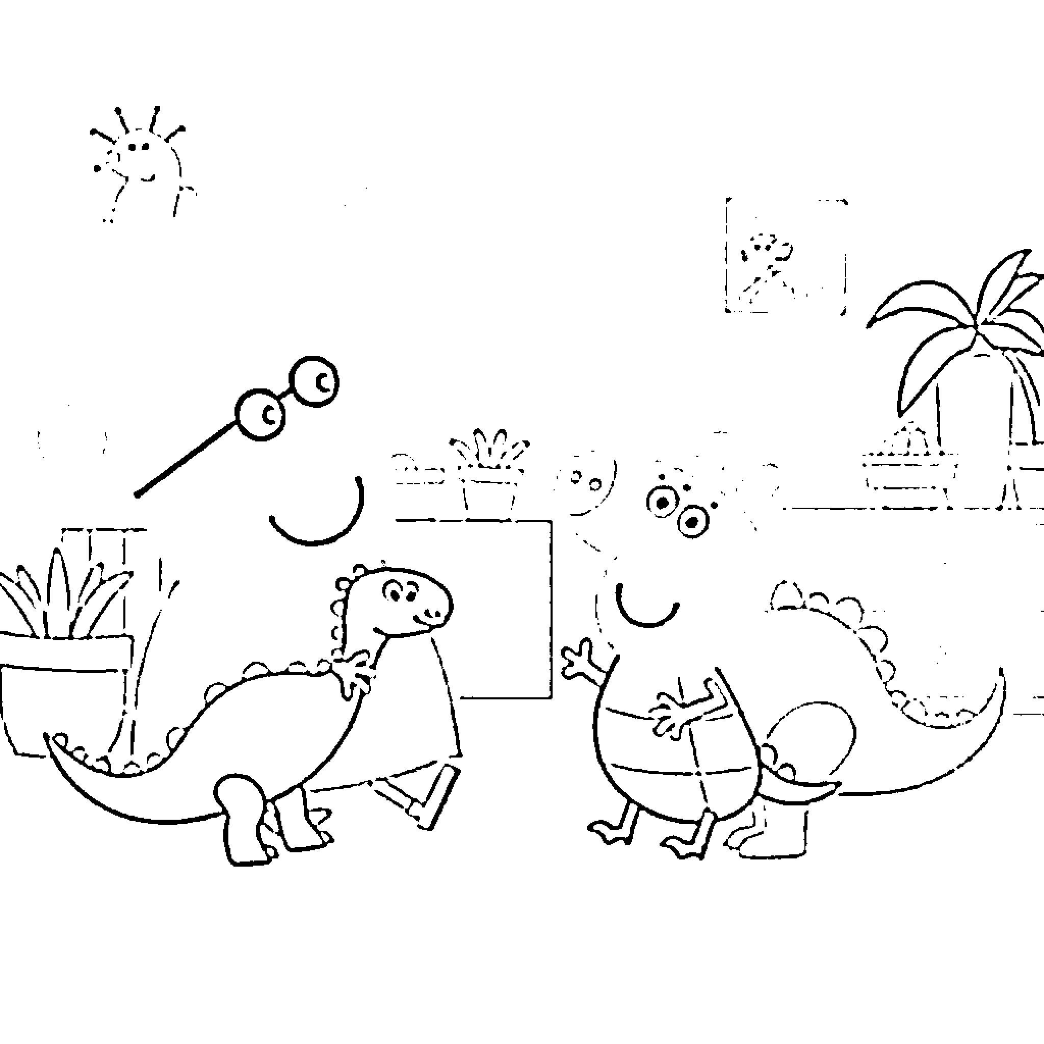 Peppa Pig characters in playful scene Coloring Page (free black-and-white line drawing printable PDF for all, from beginners to advanced learners, including children, teens, adults, and seniors)