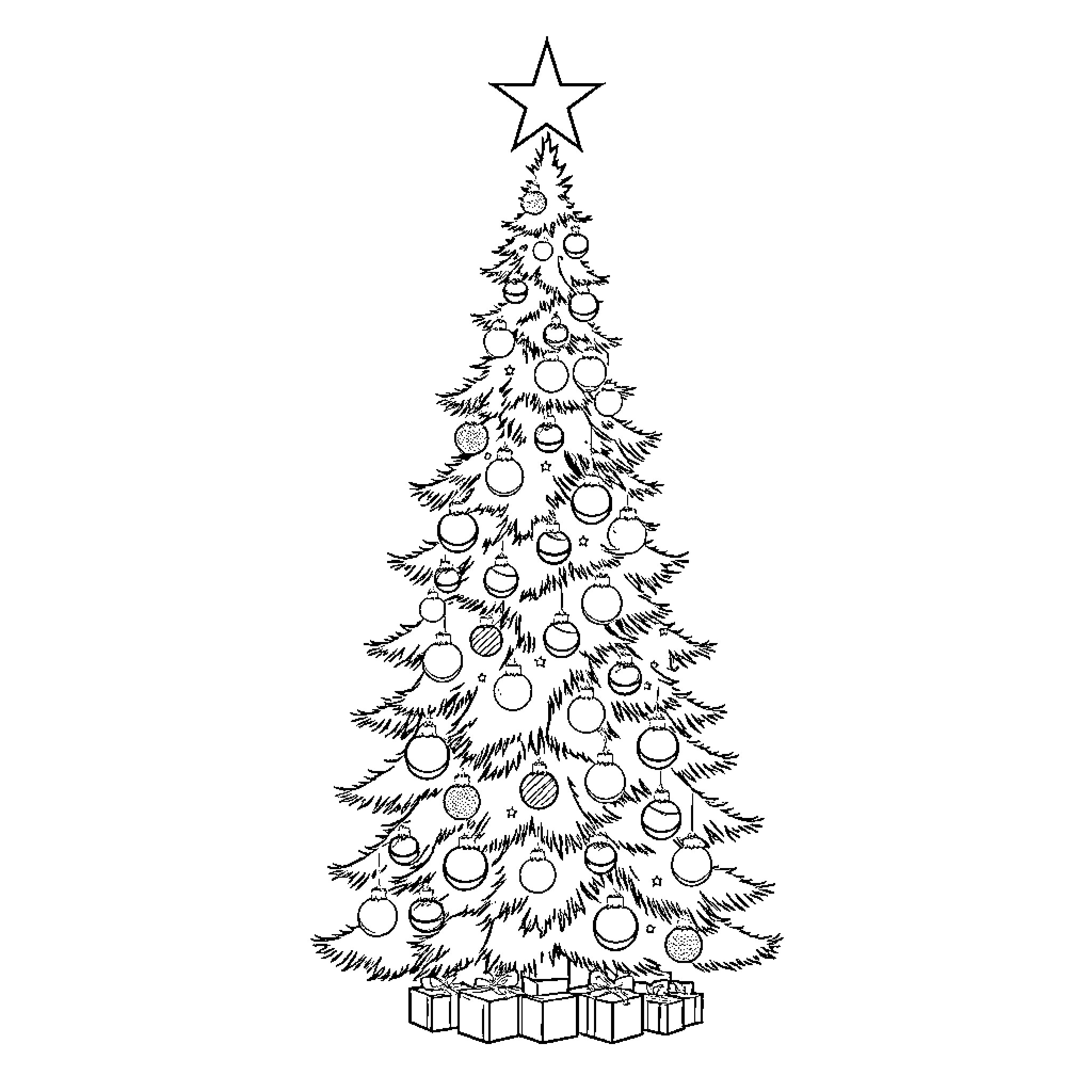 Christmas Tree with Ornaments and Presents Coloring Page (free black-and-white line drawing printable PDF for all, from beginners to advanced learners, including children, teens, adults, and seniors)