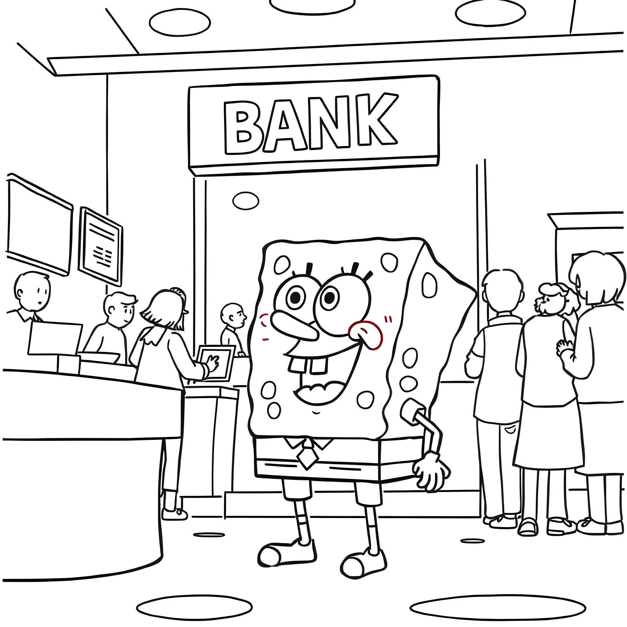 Spongebob happily entering the bank with people Coloring Page (free black-and-white line drawing printable PDF for all, from beginners to advanced learners, including children, teens, adults, and seniors)