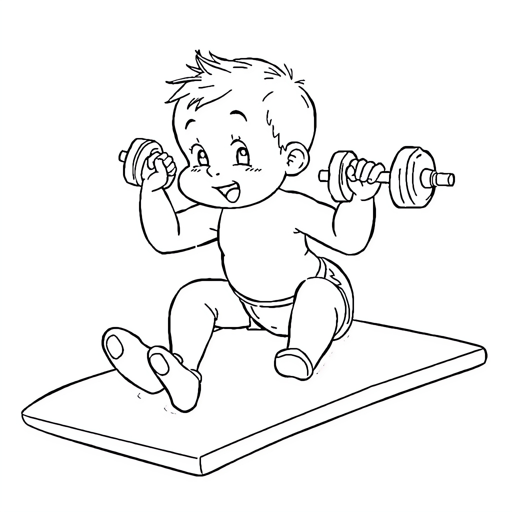 Baby exercising with dumbbells on a mat Coloring Page (free black-and-white line drawing printable PDF for all, from beginners to advanced learners, including children, teens, adults, and seniors)