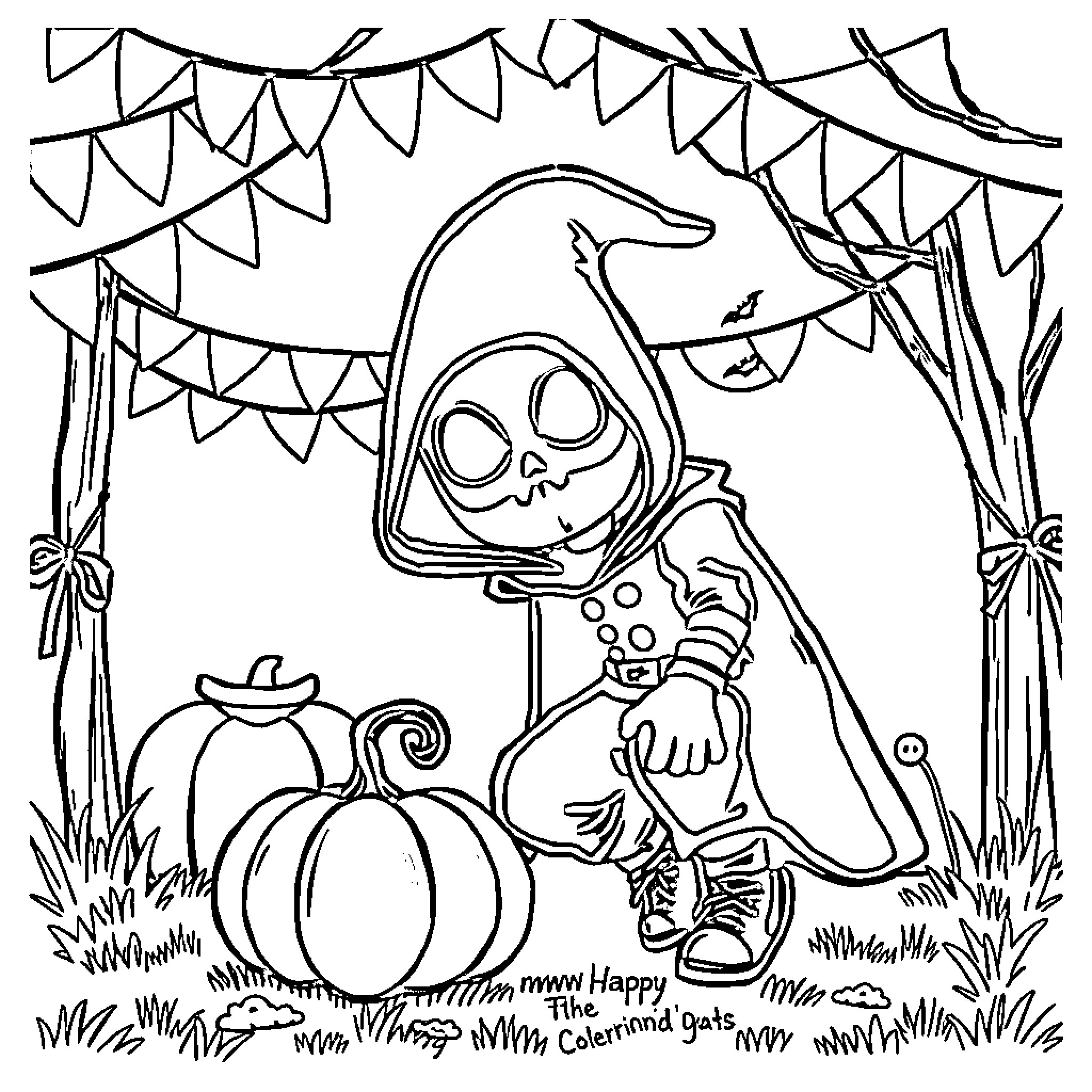 Pumpkin Patch with Spooky Halloween Decorations Coloring Page (free black-and-white line drawing printable PDF for all, from beginners to advanced learners, including children, teens, adults, and seniors)