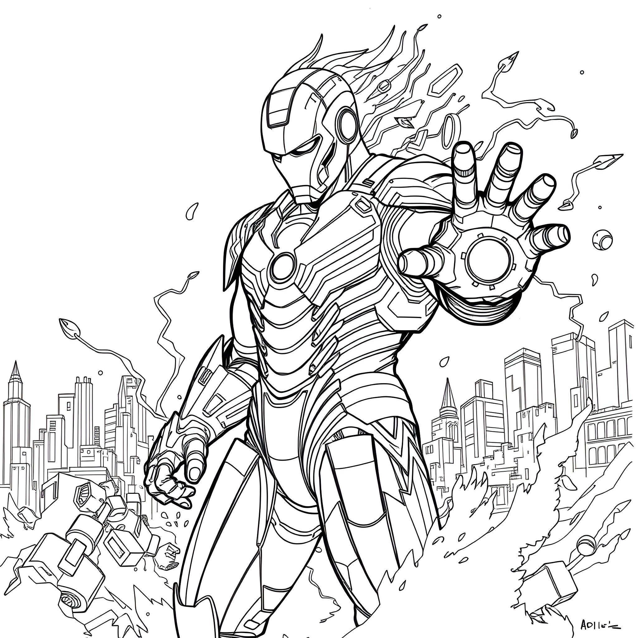 Magneto Ironman Battling in the City Coloring Page (free black-and-white line drawing printable PDF for all, from beginners to advanced learners, including children, teens, adults, and seniors)