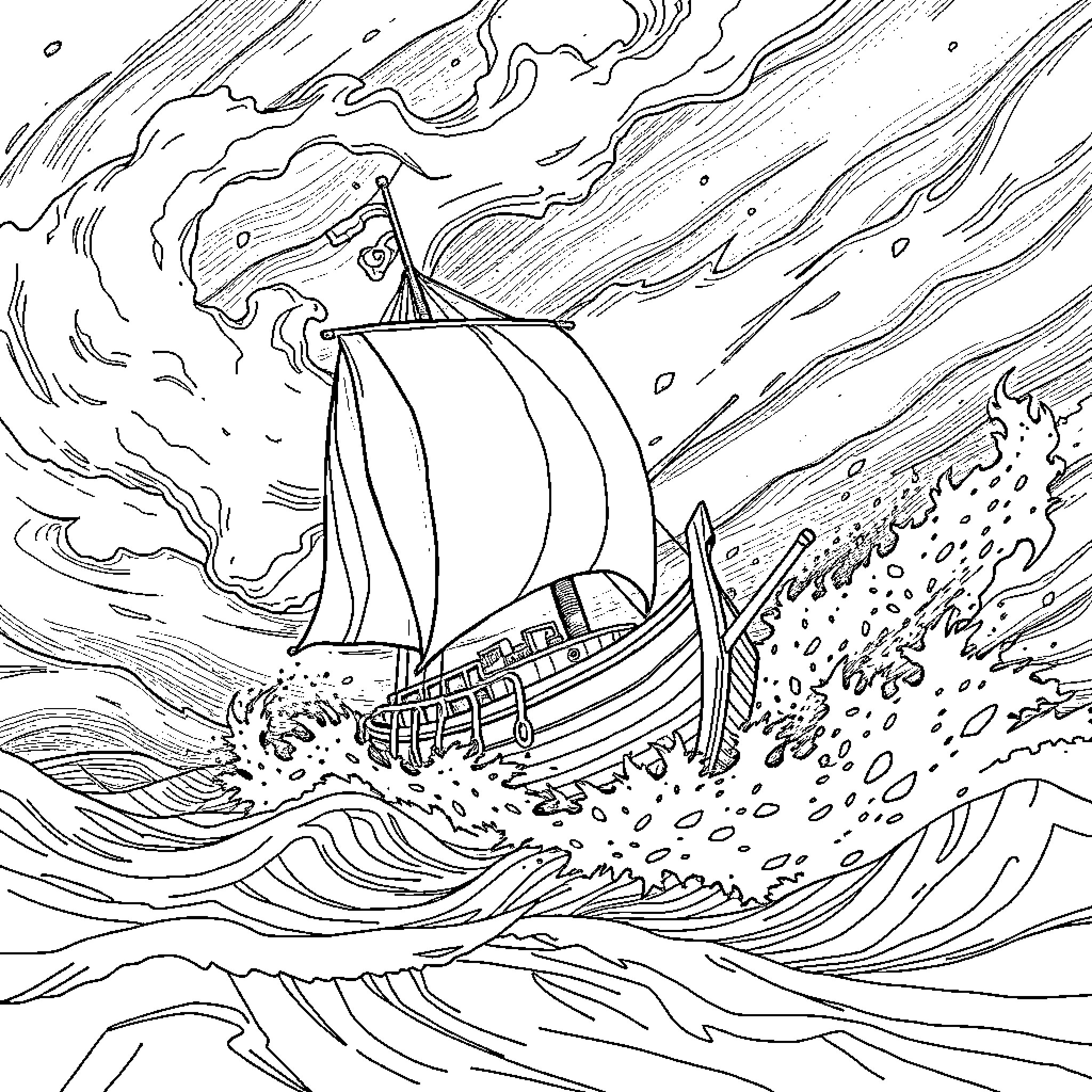 Tornado-Tossed Vessel Braving Tempestuous Seas Coloring Page (free black-and-white line drawing printable PDF for all, from beginners to advanced learners, including children, teens, adults, and seniors)