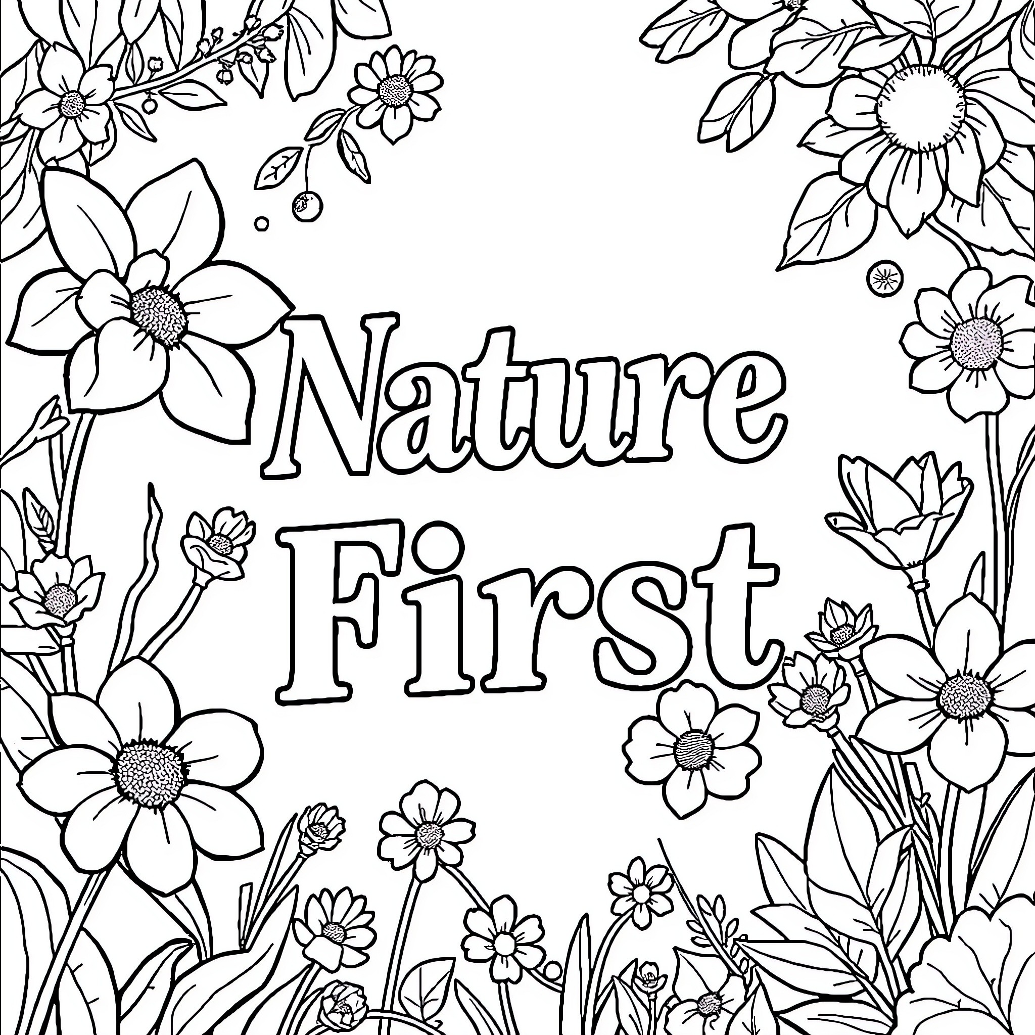 Nature First: Blossoming Flowers and Foliage Coloring Page (free black-and-white line drawing printable PDF for all, from beginners to advanced learners, including children, teens, adults, and seniors)