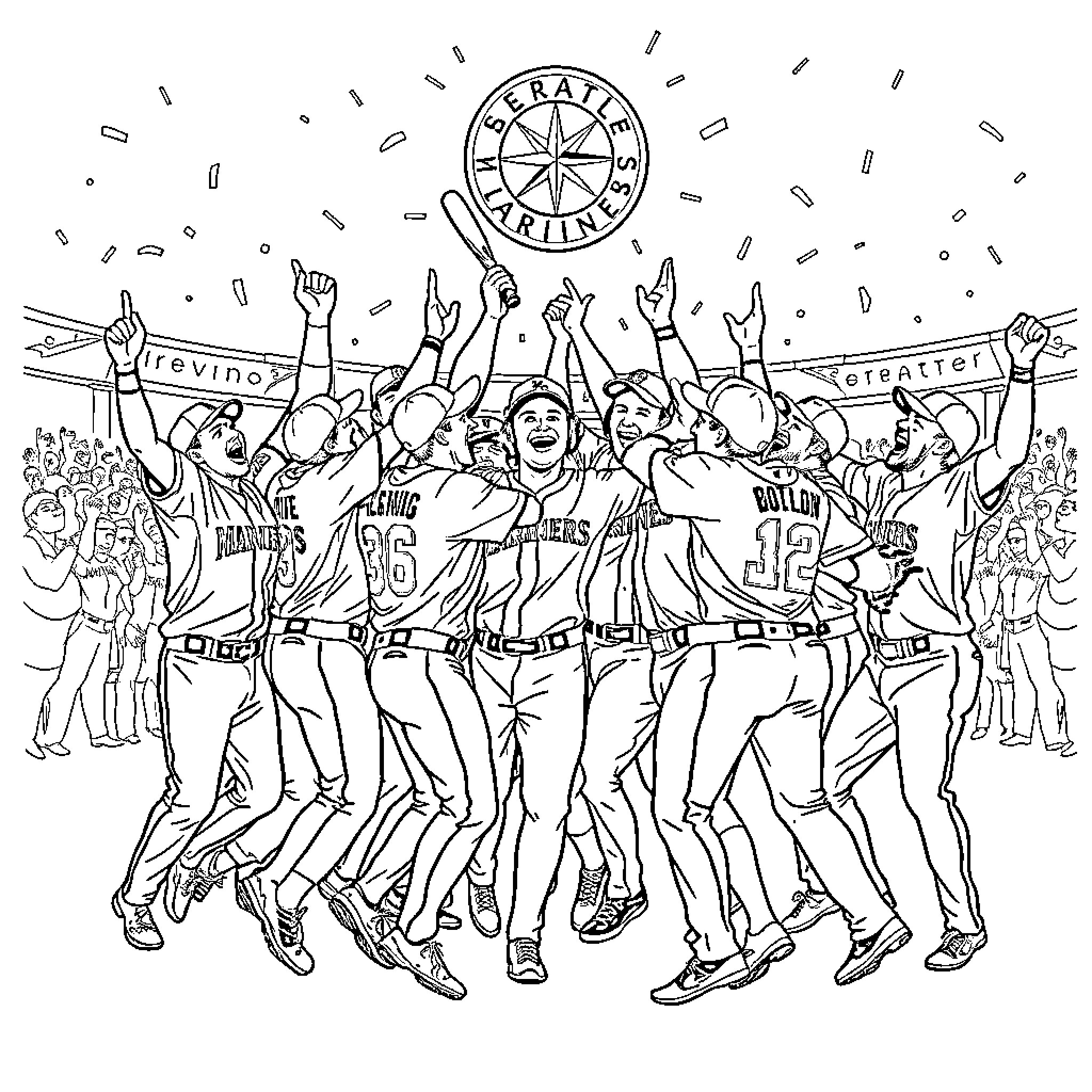Mariners celebrating victory after a game Coloring Page (free black-and-white line drawing printable PDF for all, from beginners to advanced learners, including children, teens, adults, and seniors)