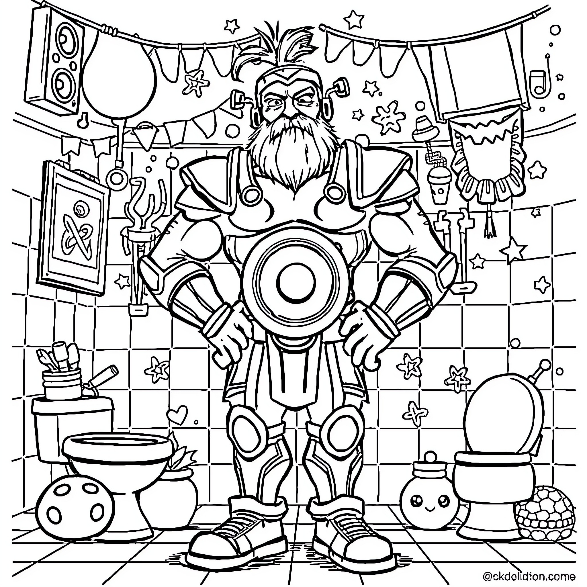 Titan Speakerman's Whimsical Party Preparations Coloring Page (free black-and-white line drawing printable PDF for all, from beginners to advanced learners, including children, teens, adults, and seniors)