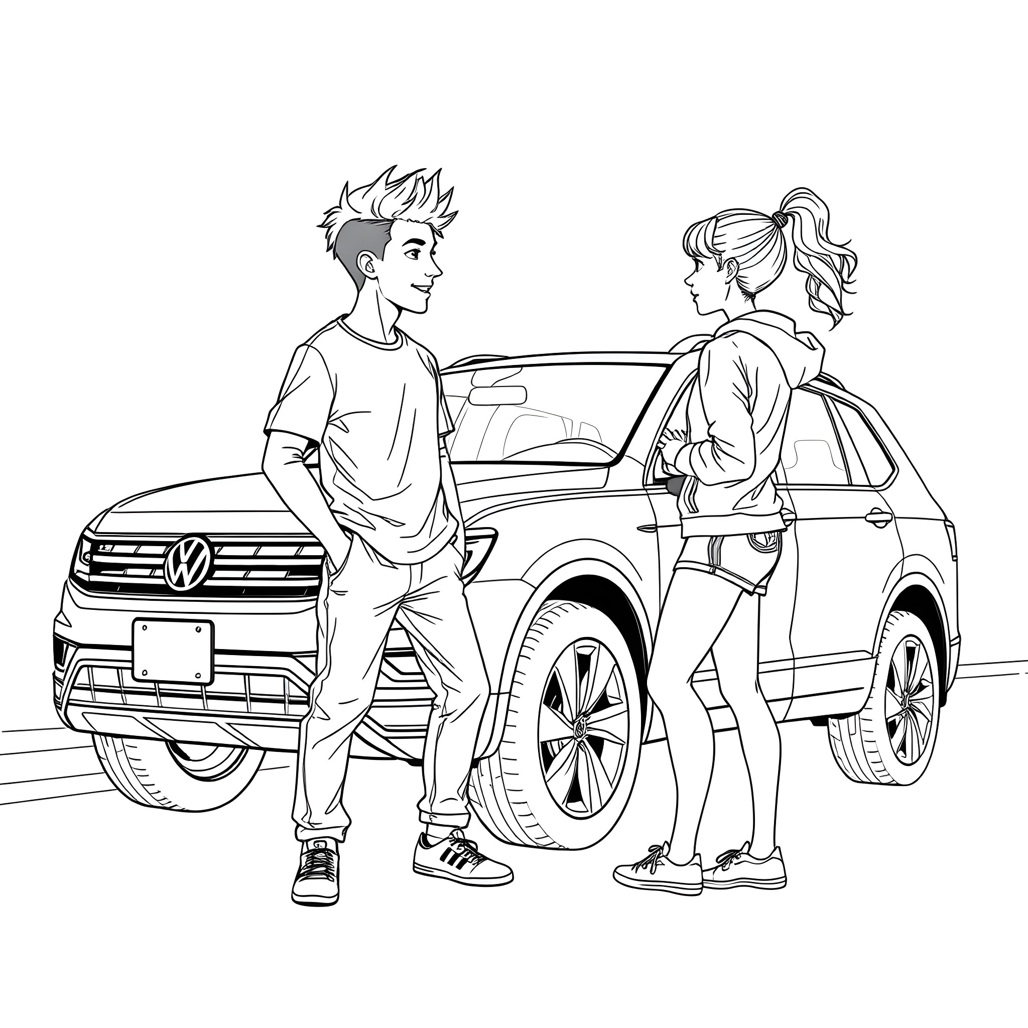 Teen couple talking near a car Coloring Page (free black-and-white line drawing printable PDF for all, from beginners to advanced learners, including children, teens, adults, and seniors)