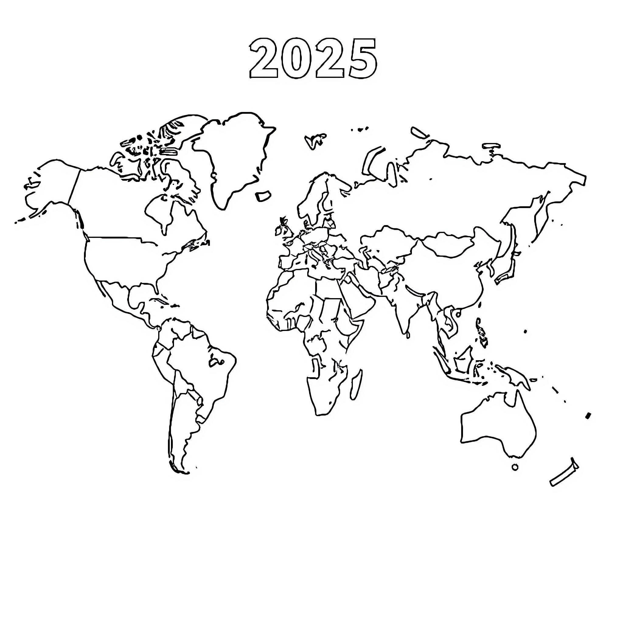 World Map with the year 2025 Coloring Page (free black-and-white line drawing printable PDF for all, from beginners to advanced learners, including children, teens, adults, and seniors)