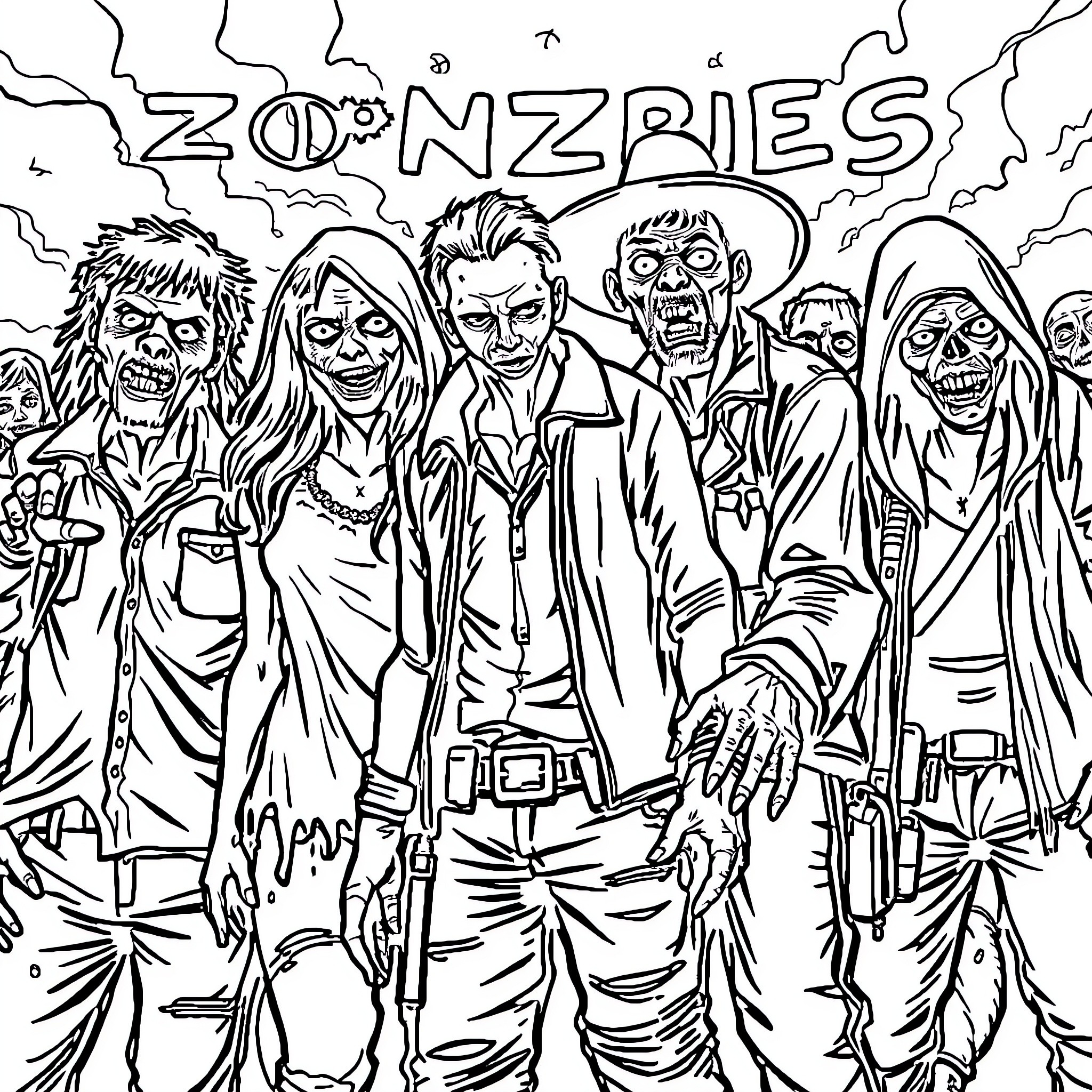 Zombie Horde Approaches with Menacing Expressions Coloring Page (free black-and-white line drawing printable PDF for all, from beginners to advanced learners, including children, teens, adults, and seniors)