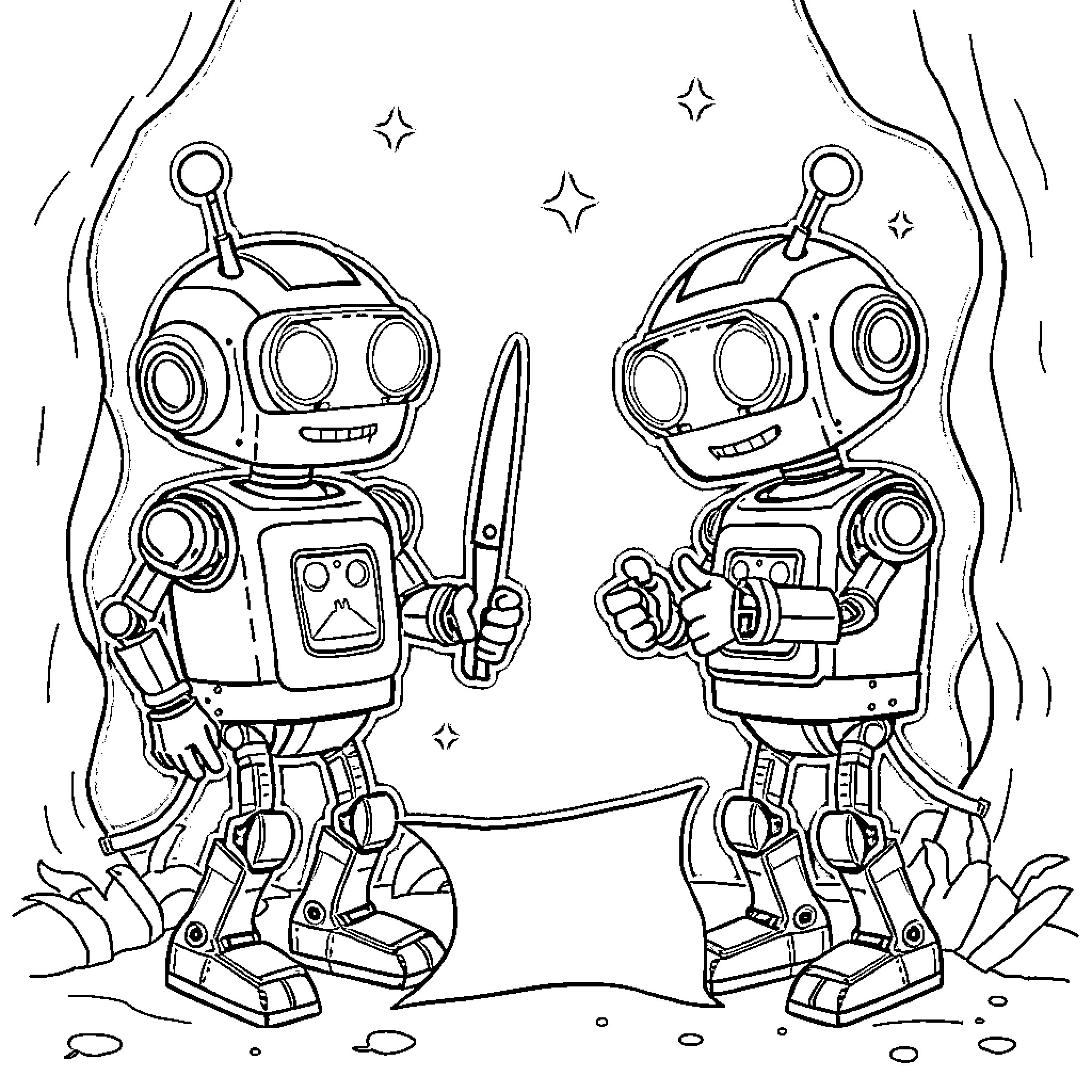 Robot friends exploring the galaxy Coloring Page (free black-and-white line drawing printable PDF for all, from beginners to advanced learners, including children, teens, adults, and seniors)