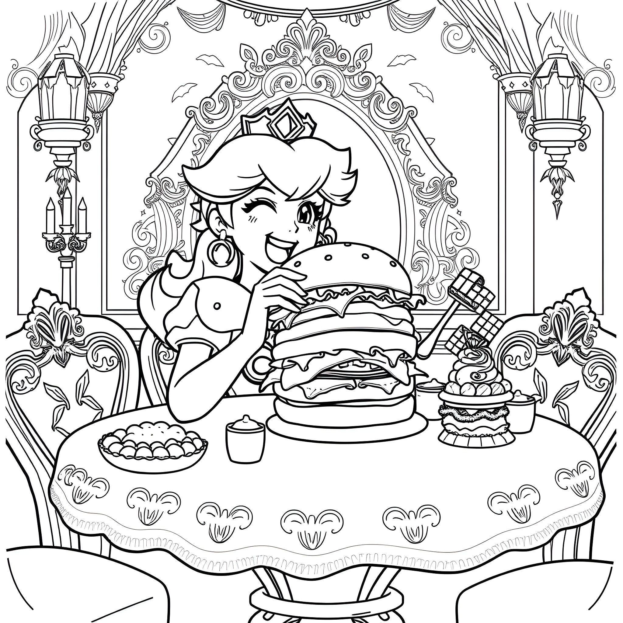 Princess Peach Enjoying a Delightful Feast Coloring Page (free black-and-white line drawing printable PDF for all, from beginners to advanced learners, including children, teens, adults, and seniors)