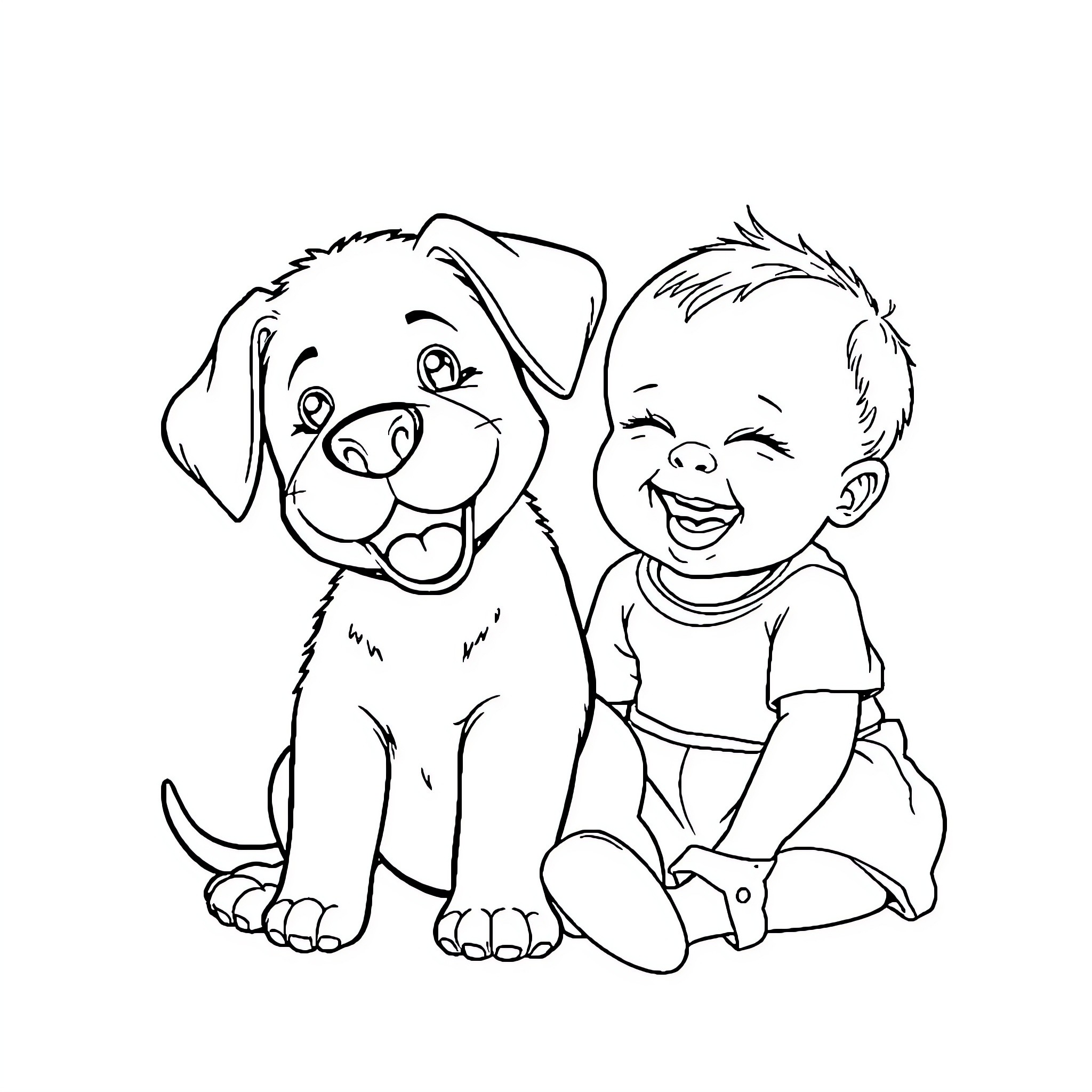 Puppy and child playing together happily Coloring Page (free black-and-white line drawing printable PDF for all, from beginners to advanced learners, including children, teens, adults, and seniors)