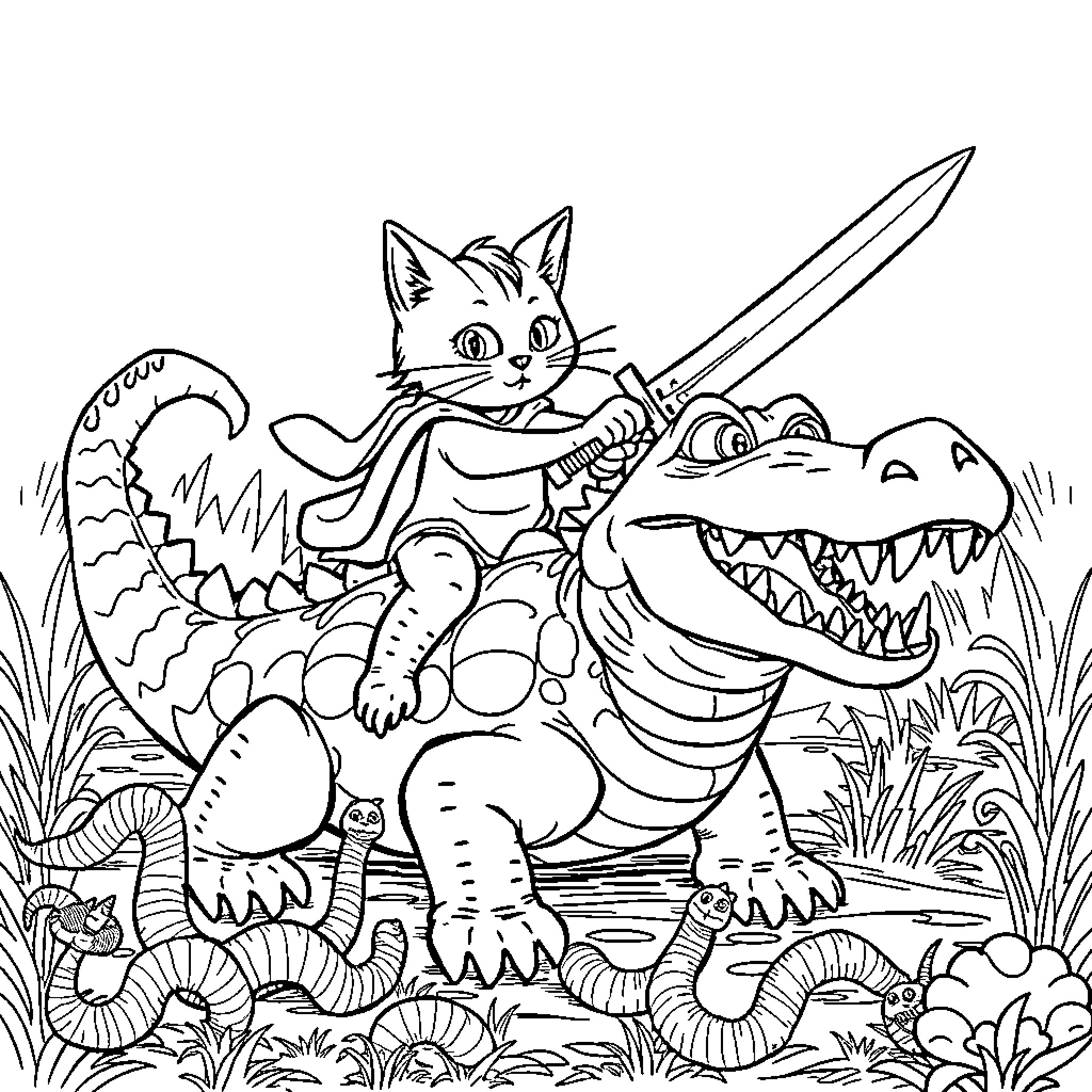 Kitty riding a friendly dinosaur in the jungle Coloring Page (free black-and-white line drawing printable PDF for all, from beginners to advanced learners, including children, teens, adults, and seniors)