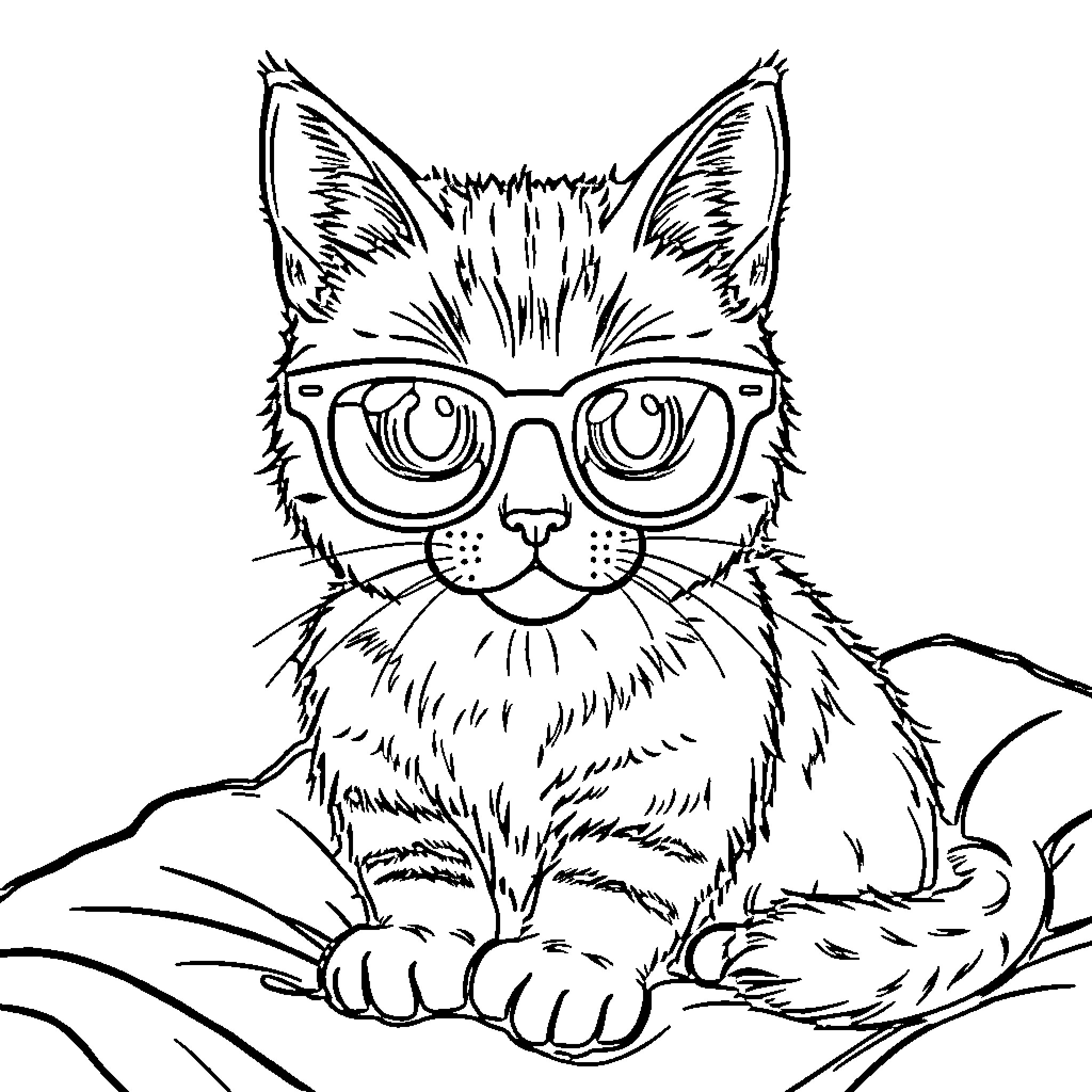 Cat wearing glasses and relaxing Coloring Page (free black-and-white line drawing printable PDF for all, from beginners to advanced learners, including children, teens, adults, and seniors)