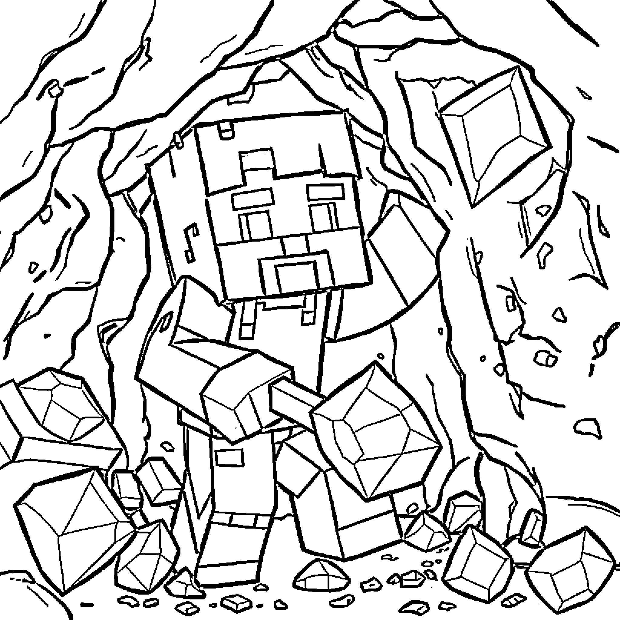 Minecraft character in a rocky cave environment Coloring Page (free black-and-white line drawing printable PDF for all, from beginners to advanced learners, including children, teens, adults, and seniors)