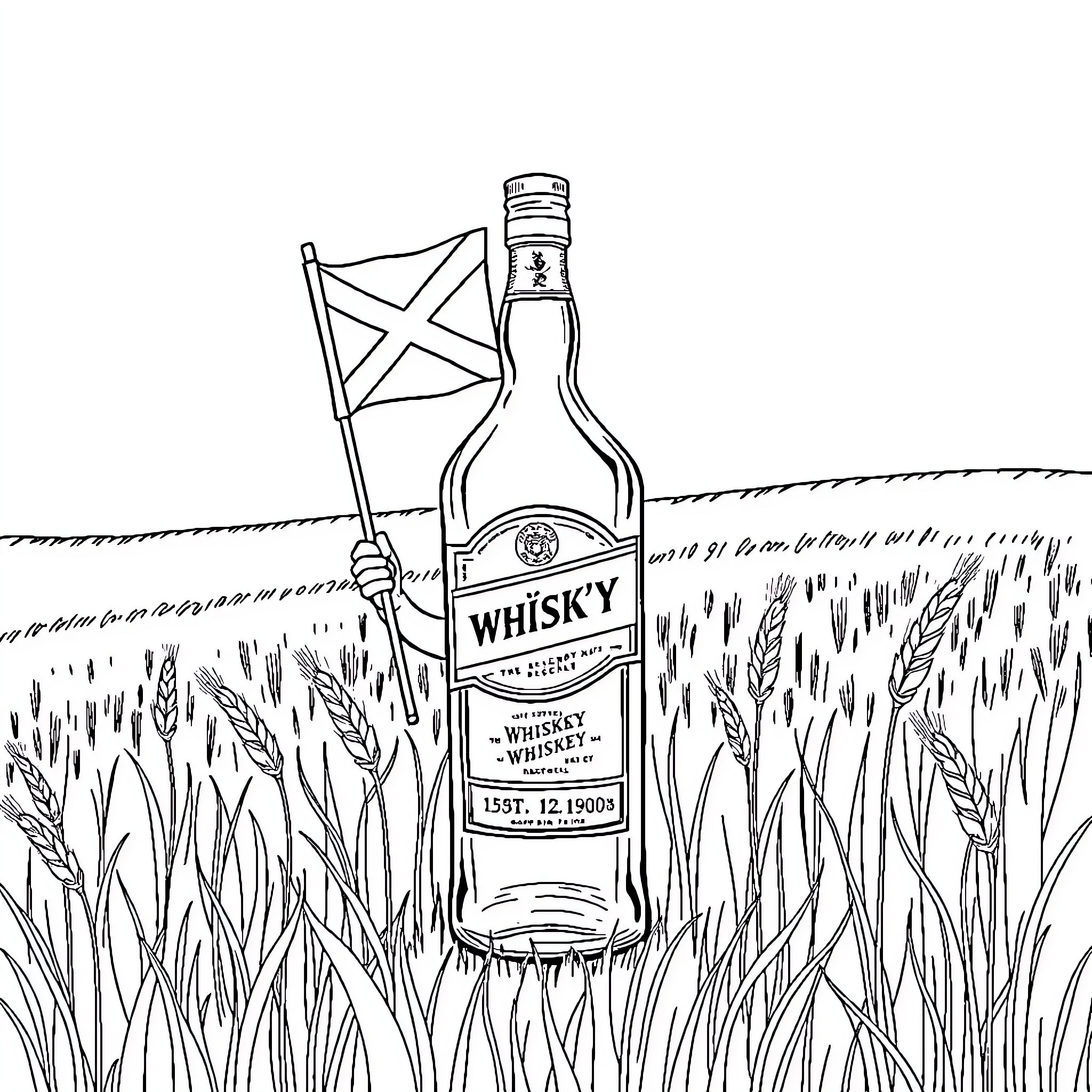 Whisky Bottle in Wheat Field with Flag Coloring Page (free black-and-white line drawing printable PDF for all, from beginners to advanced learners, including children, teens, adults, and seniors)