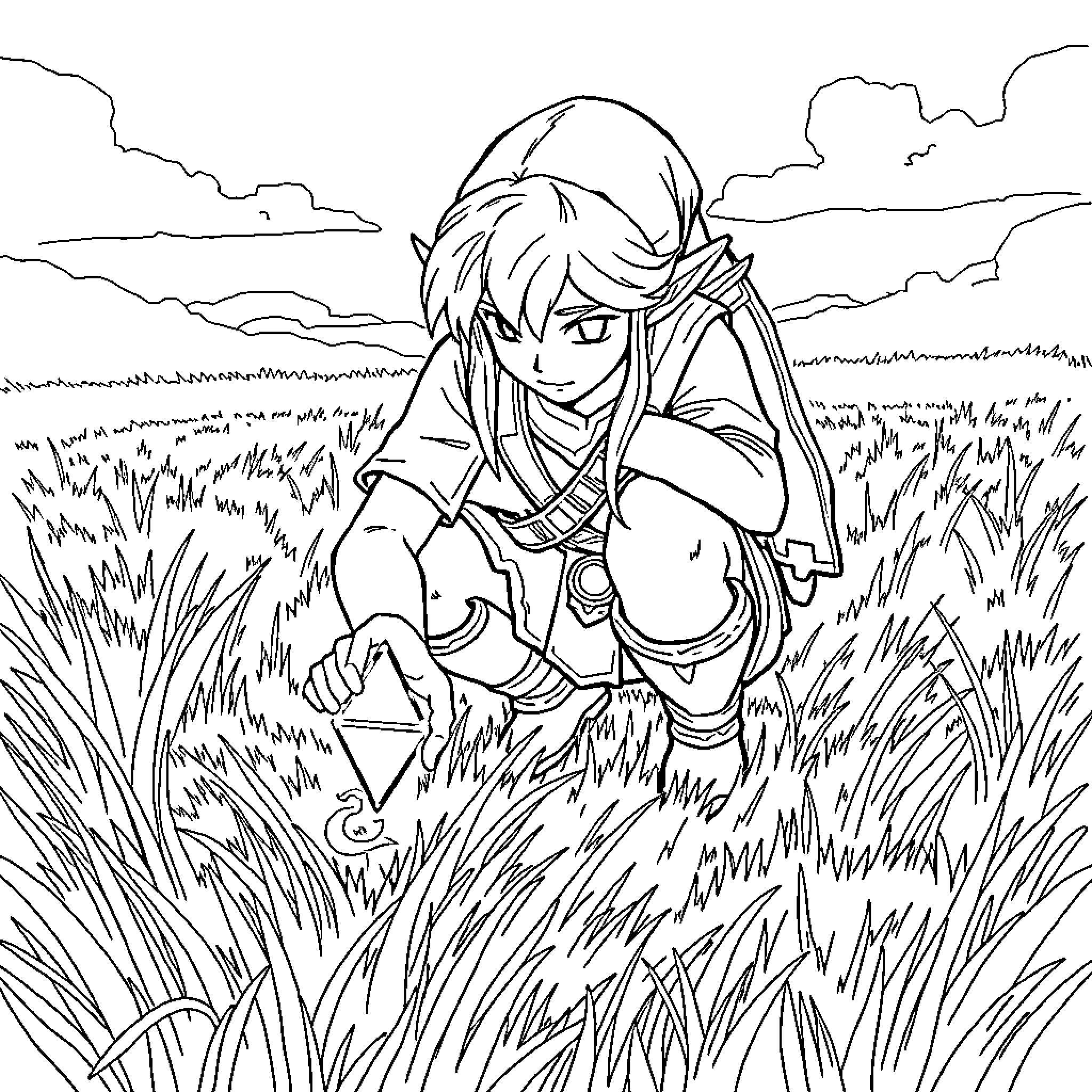 Link exploring a grassy field with clouds Coloring Page (free black-and-white line drawing printable PDF for all, from beginners to advanced learners, including children, teens, adults, and seniors)