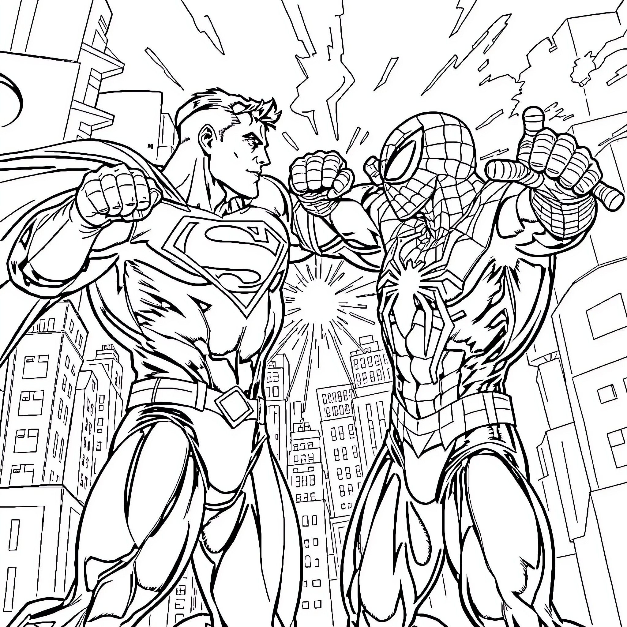 Superman and Spider-Man facing off in an epic showdown Coloring Page (free black-and-white line drawing printable PDF for all, from beginners to advanced learners, including children, teens, adults, and seniors)