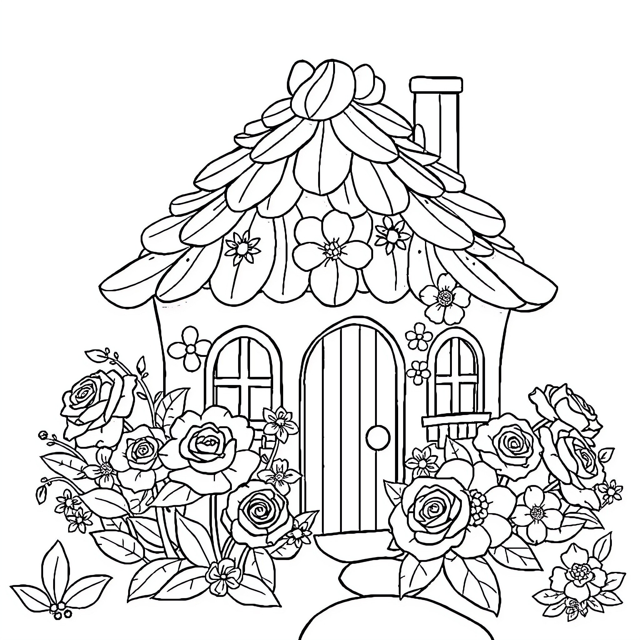 House decorated with floral patterns and blooming flowers Coloring Page (free black-and-white line drawing printable PDF for all, from beginners to advanced learners, including children, teens, adults, and seniors)