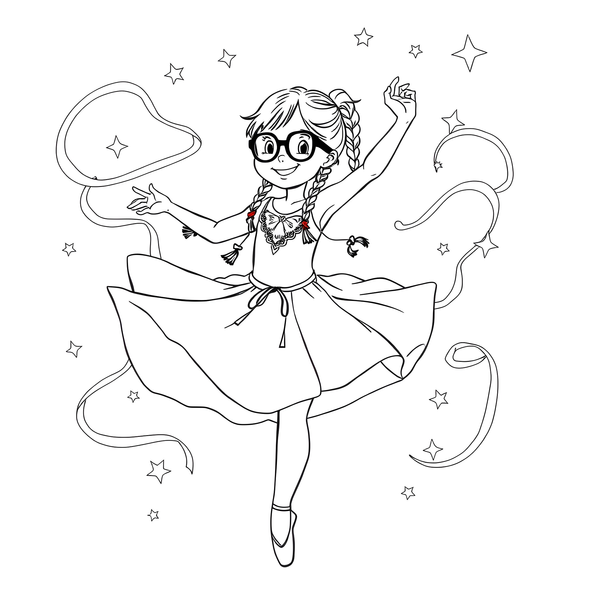 Girl dancing joyfully in a magical starry night Coloring Page (free black-and-white line drawing printable PDF for all, from beginners to advanced learners, including children, teens, adults, and seniors)