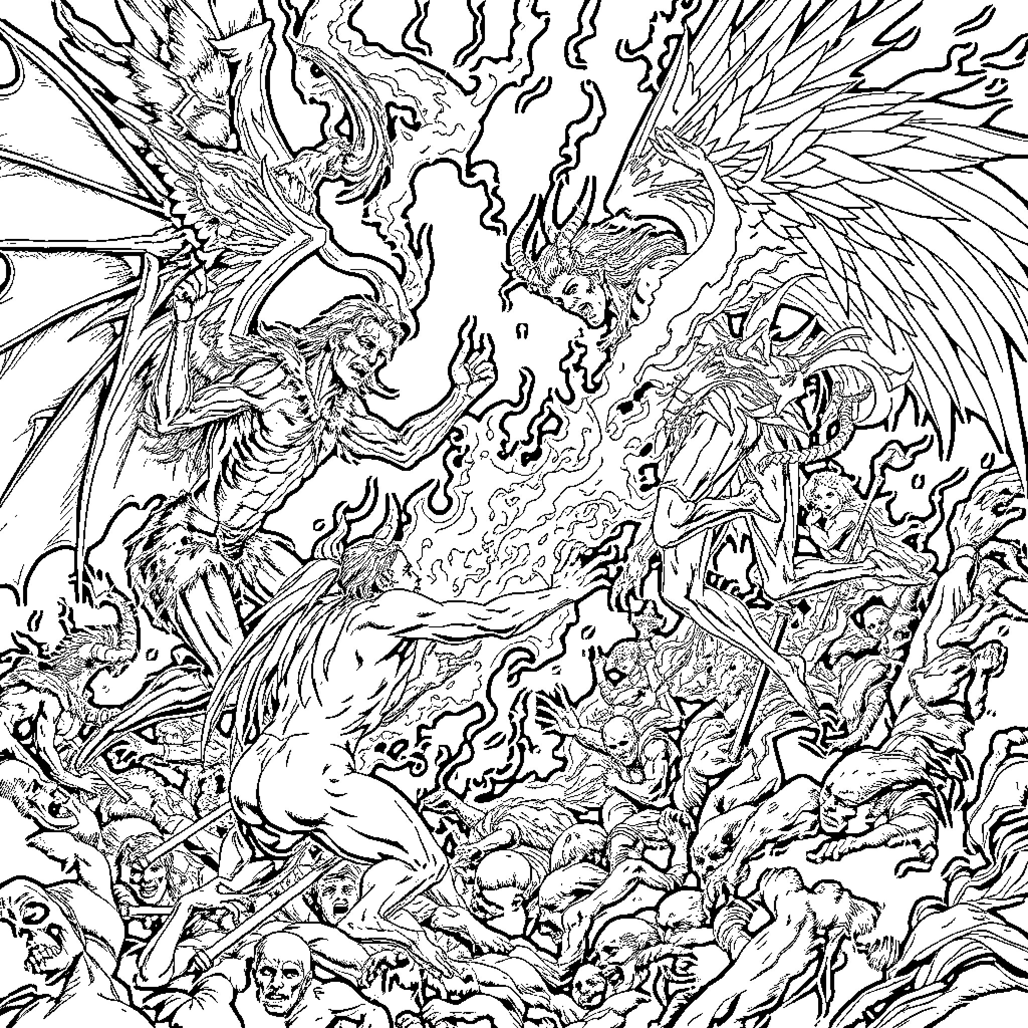 Demon Clash of Mythical Creatures in Chaos Coloring Page (free black-and-white line drawing printable PDF for all, from beginners to advanced learners, including children, teens, adults, and seniors)