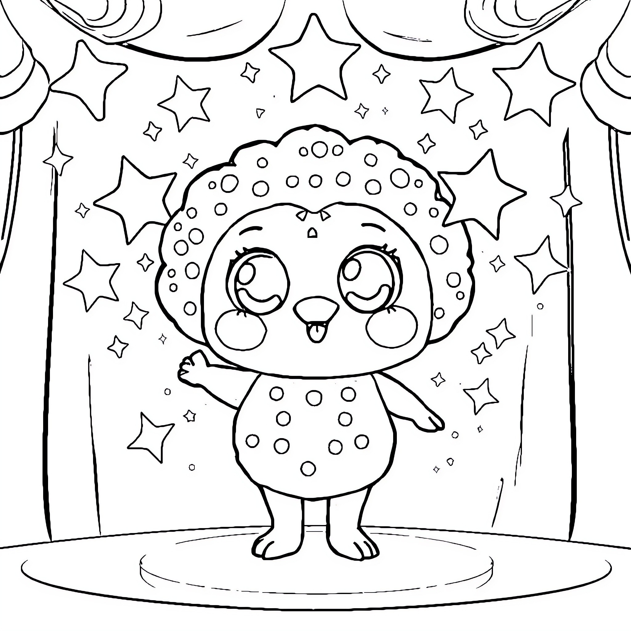 Labubu's Starry Celebration Coloring Page (free black-and-white line drawing printable PDF for all, from beginners to advanced learners, including children, teens, adults, and seniors)