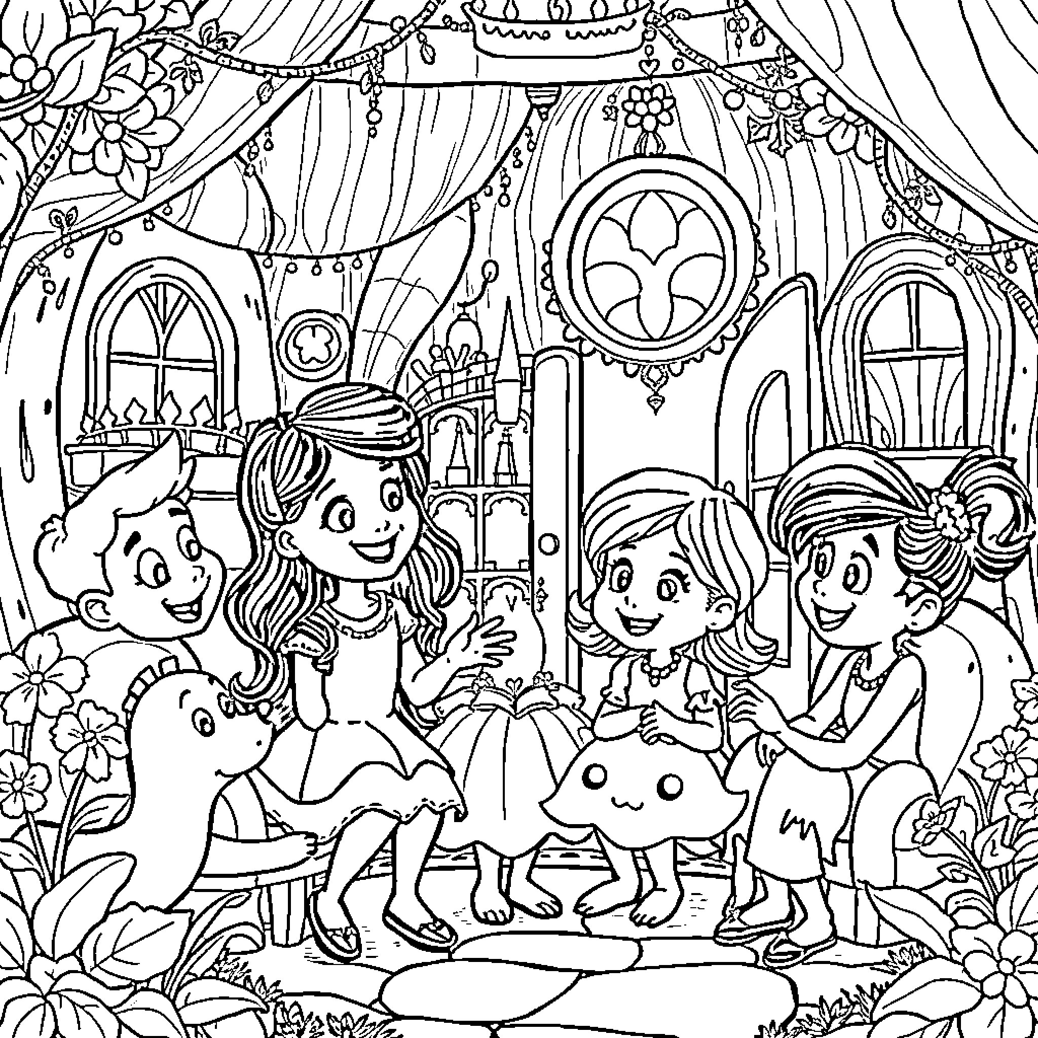Gaby Chat with Friends Exploring a Magical Garden Coloring Page (free black-and-white line drawing printable PDF for all, from beginners to advanced learners, including children, teens, adults, and seniors)