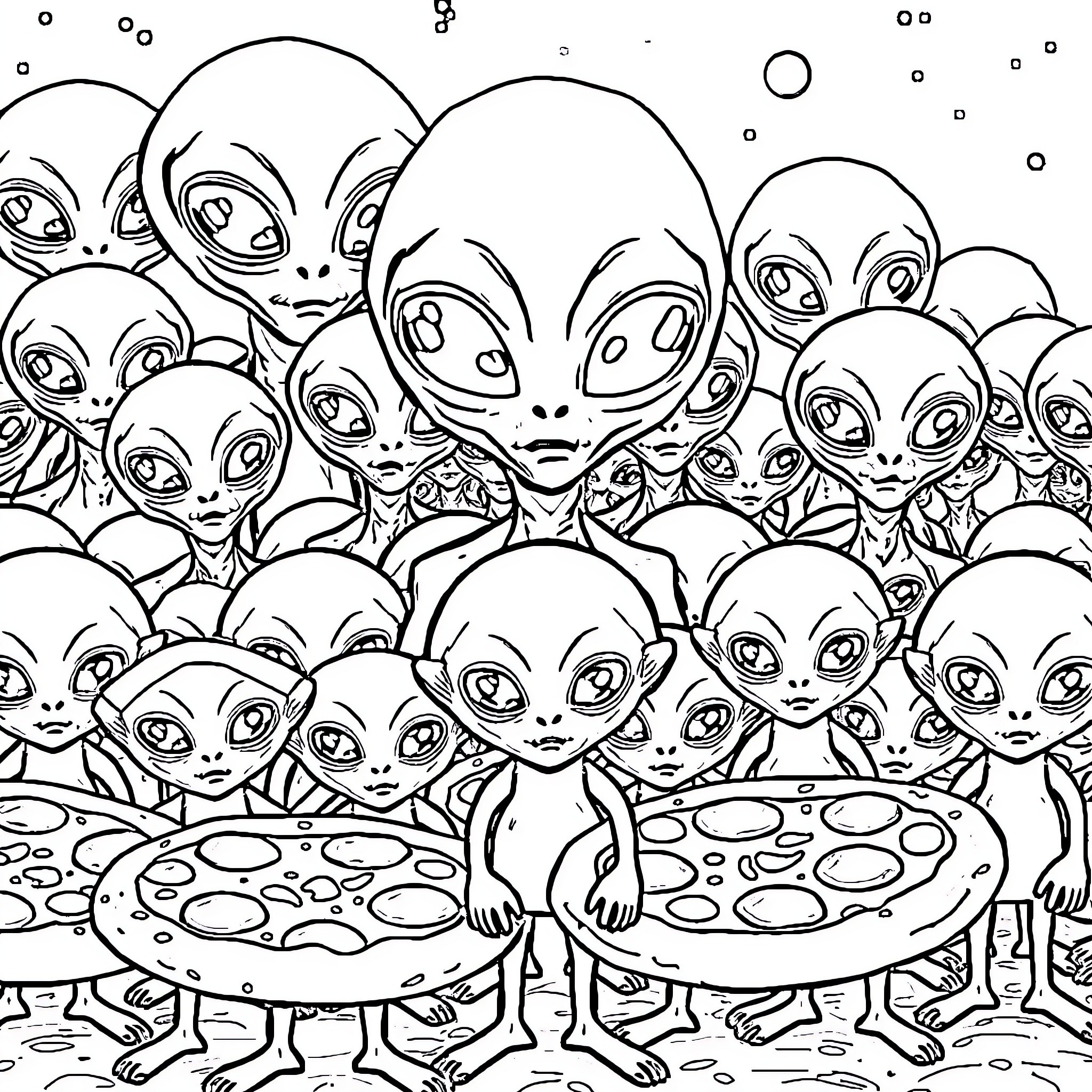 Pizza Party with Playful Aliens Coloring Page (free black-and-white line drawing printable PDF for all, from beginners to advanced learners, including children, teens, adults, and seniors)