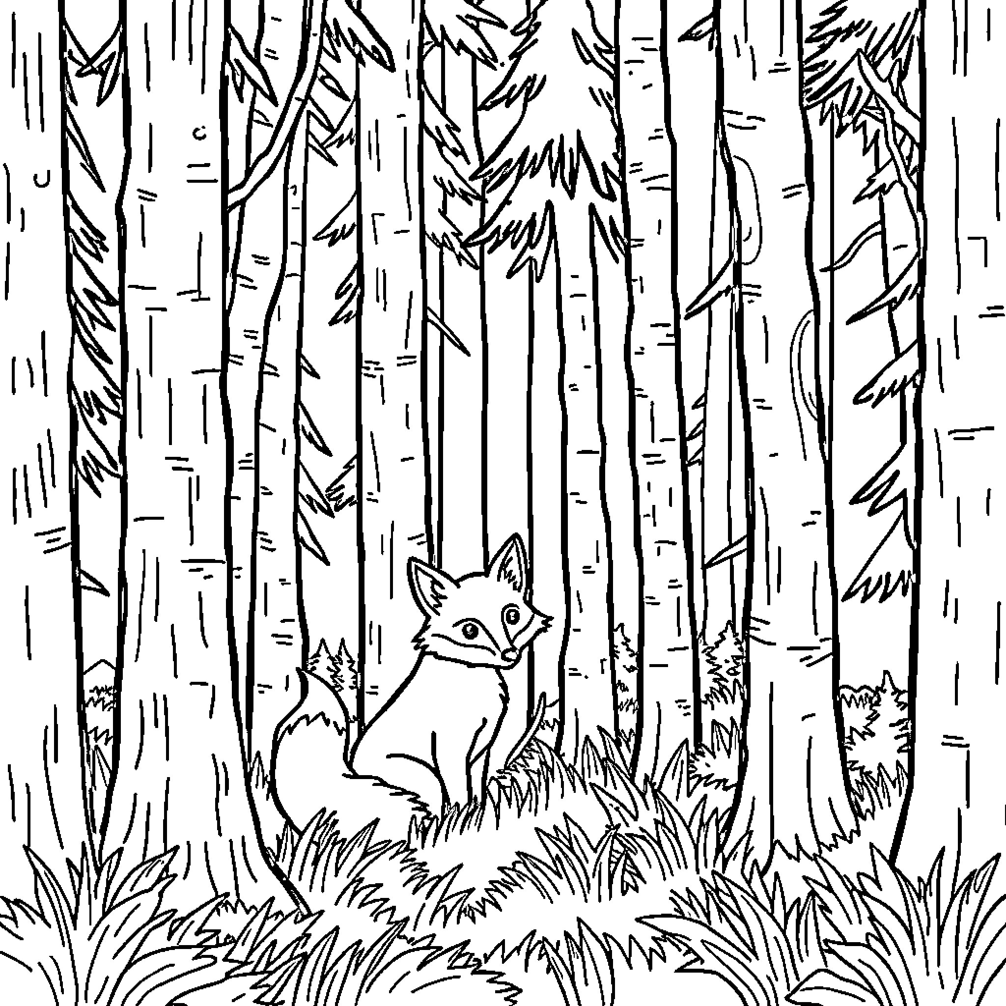 Fox exploring the enchanted forest Coloring Page (free black-and-white line drawing printable PDF for all, from beginners to advanced learners, including children, teens, adults, and seniors)