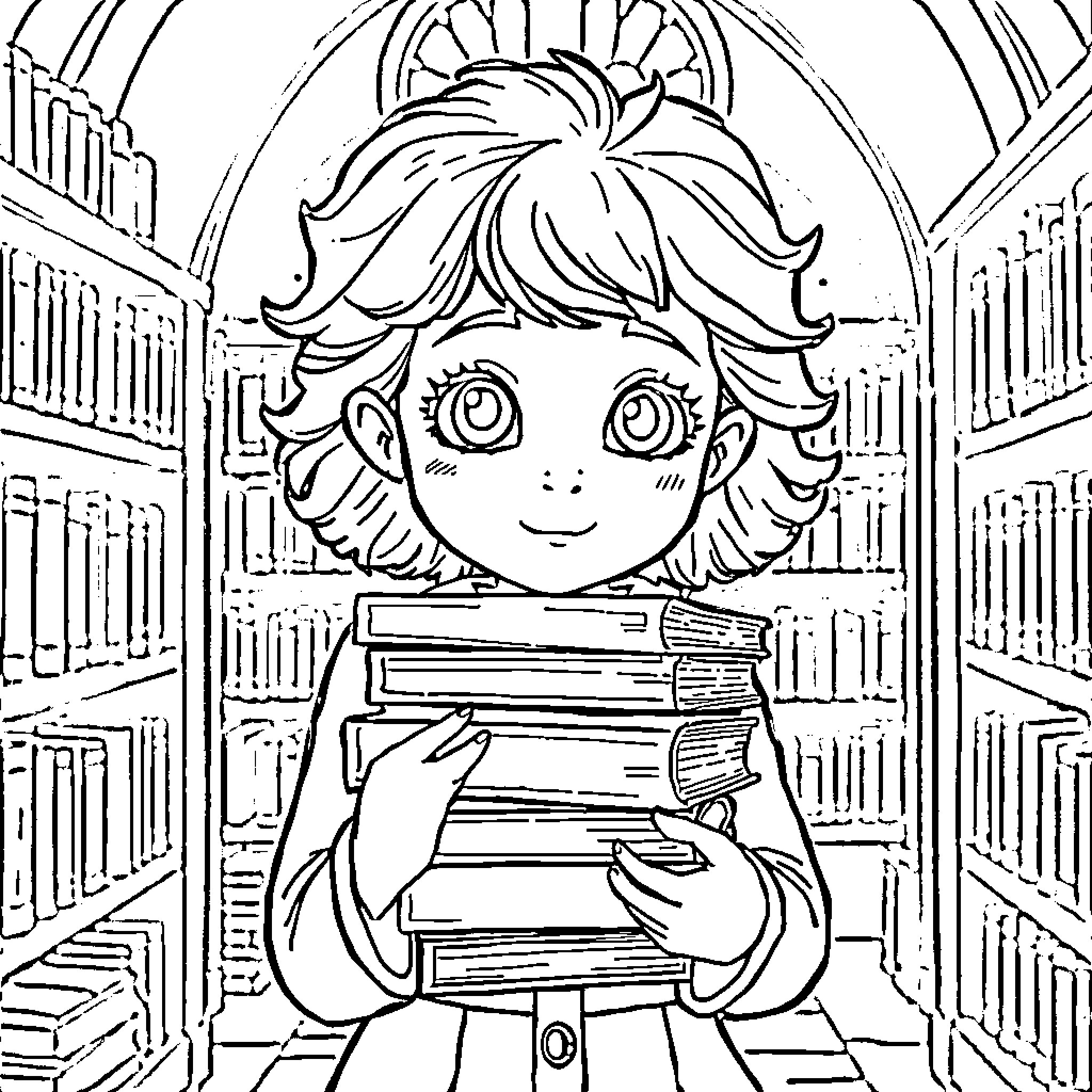 Hermione Granger in the Library with Stacks of Books Coloring Page (free black-and-white line drawing printable PDF for all, from beginners to advanced learners, including children, teens, adults, and seniors)