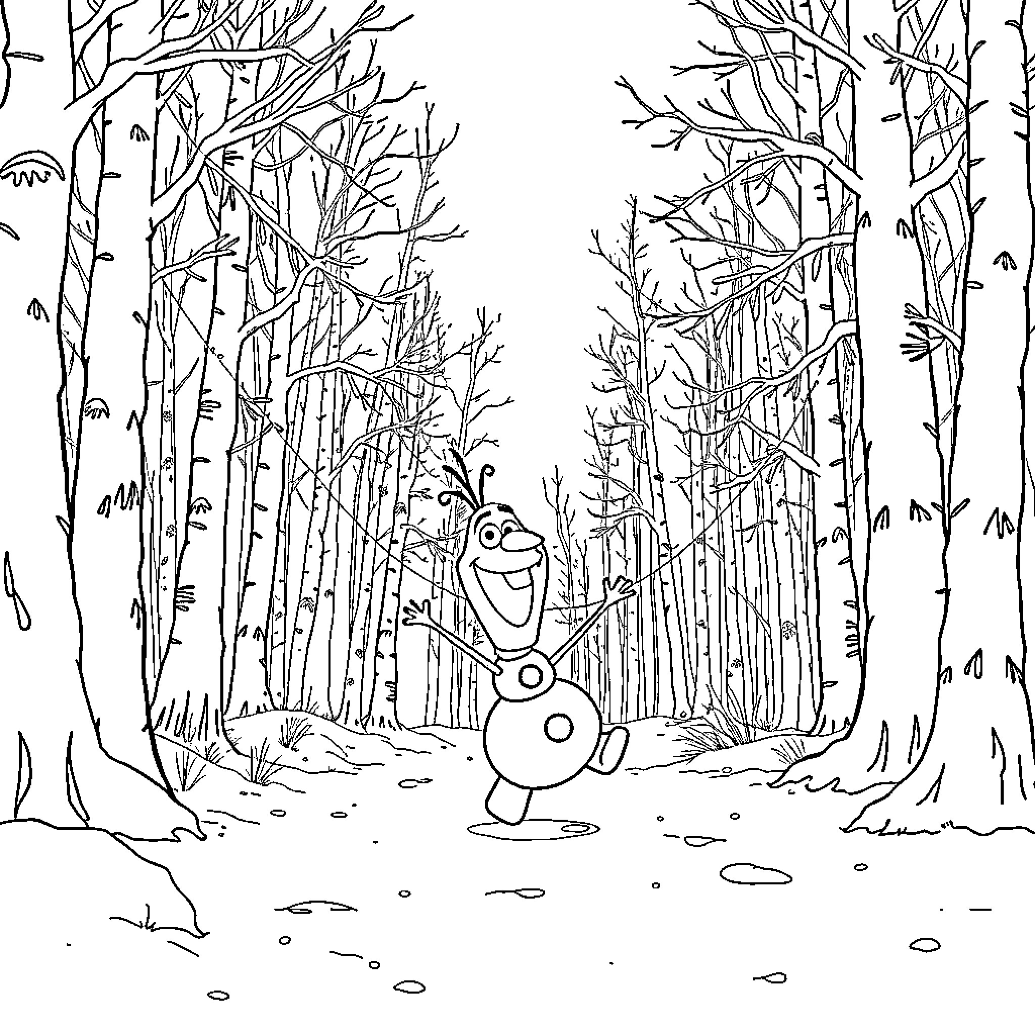 Frozen enchanting winter forest scene Coloring Page (free black-and-white line drawing printable PDF for all, from beginners to advanced learners, including children, teens, adults, and seniors)