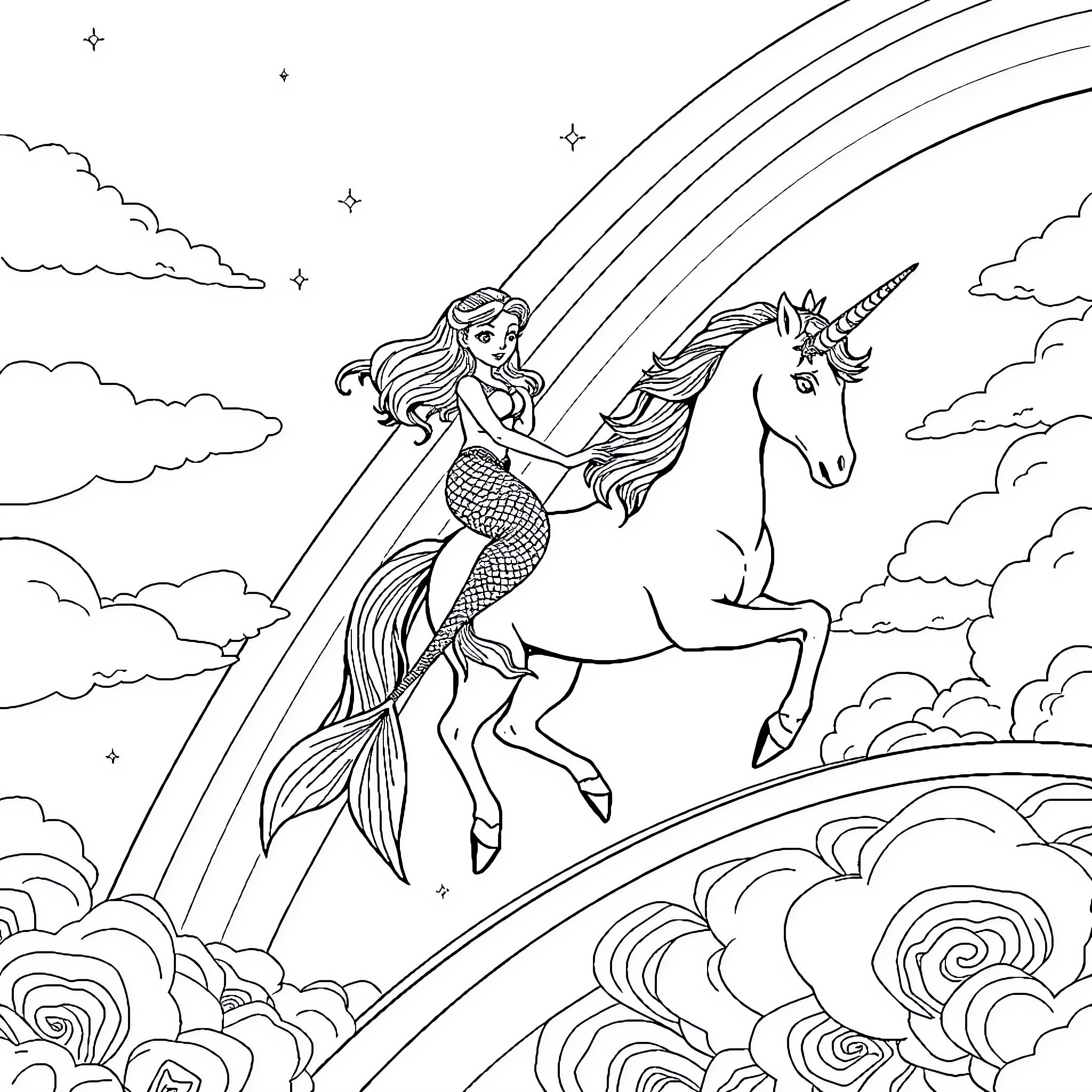 Mermaid riding a unicorn through a starry sky Coloring Page (free black-and-white line drawing printable PDF for all, from beginners to advanced learners, including children, teens, adults, and seniors)
