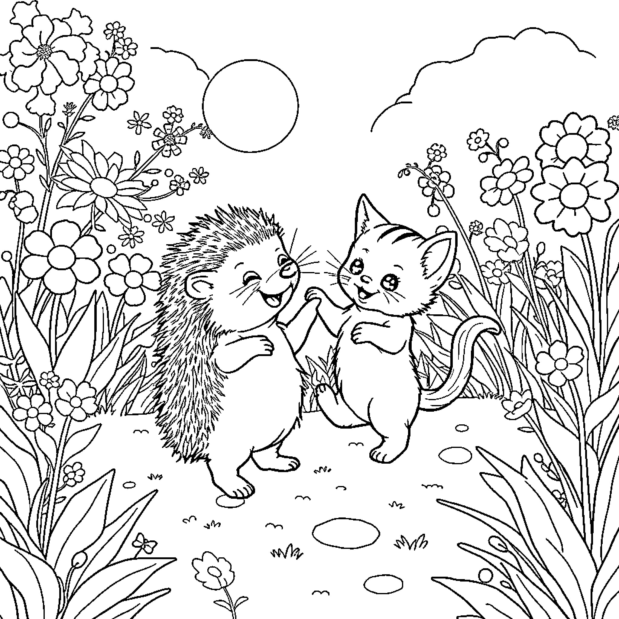 Hedgehog and Kitten Playing in Flower Garden Coloring Page (free black-and-white line drawing printable PDF for all, from beginners to advanced learners, including children, teens, adults, and seniors)