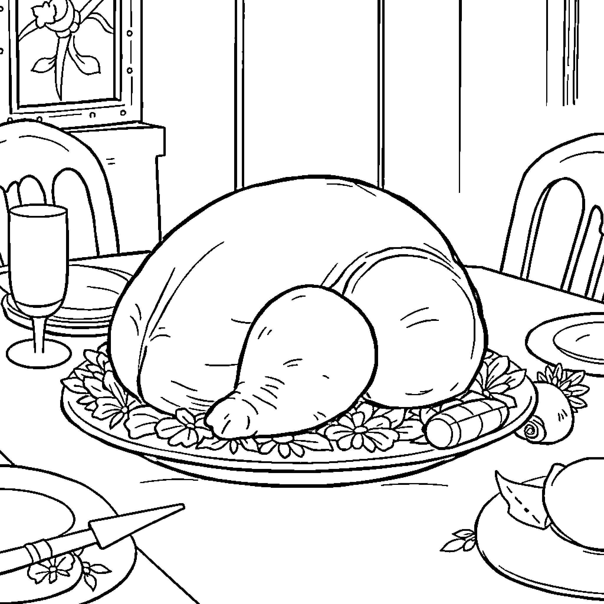 Turkey being prepared for a festive meal Coloring Page (free black-and-white line drawing printable PDF for all, from beginners to advanced learners, including children, teens, adults, and seniors)