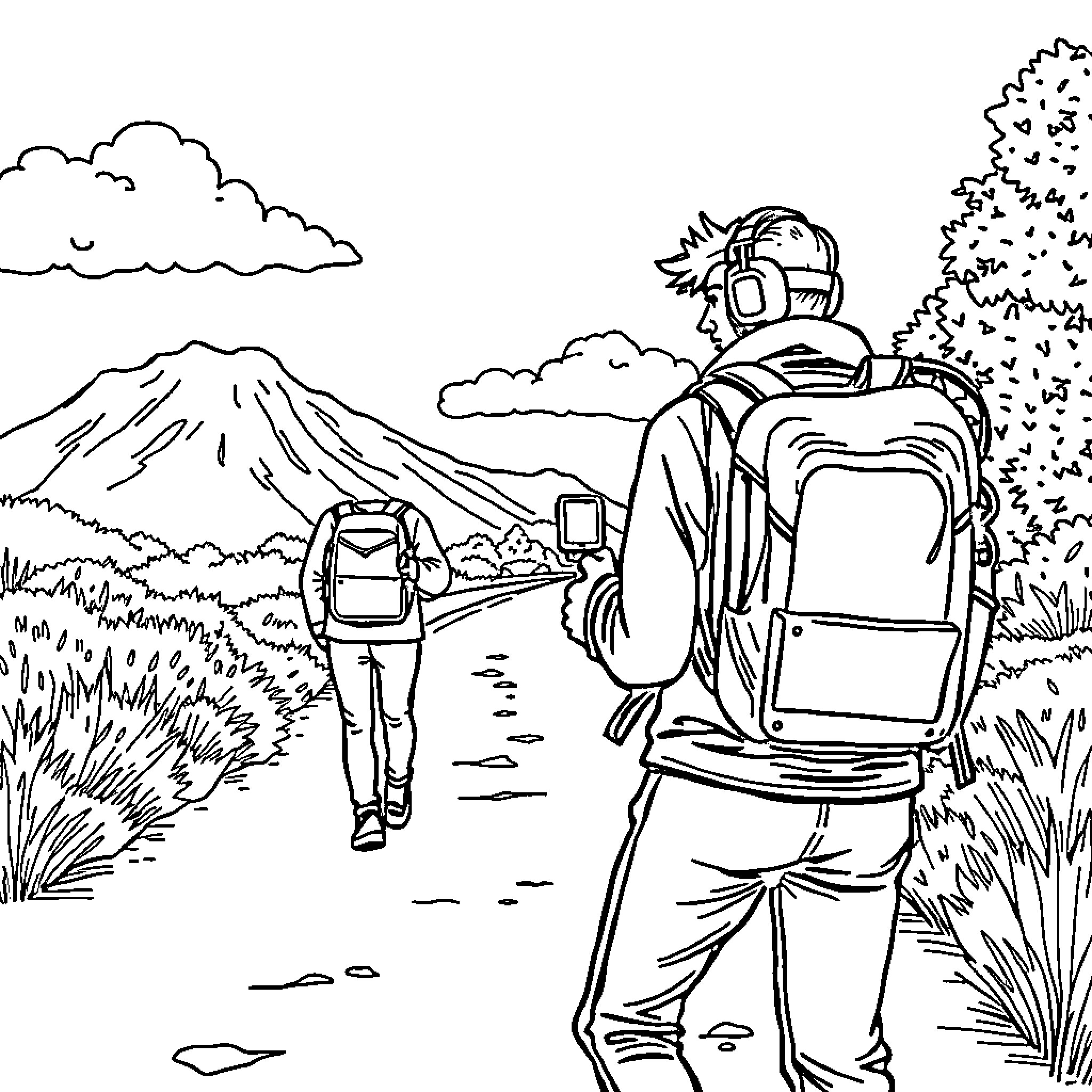 Streamer hiking through scenic mountain landscape Coloring Page (free black-and-white line drawing printable PDF for all, from beginners to advanced learners, including children, teens, adults, and seniors)