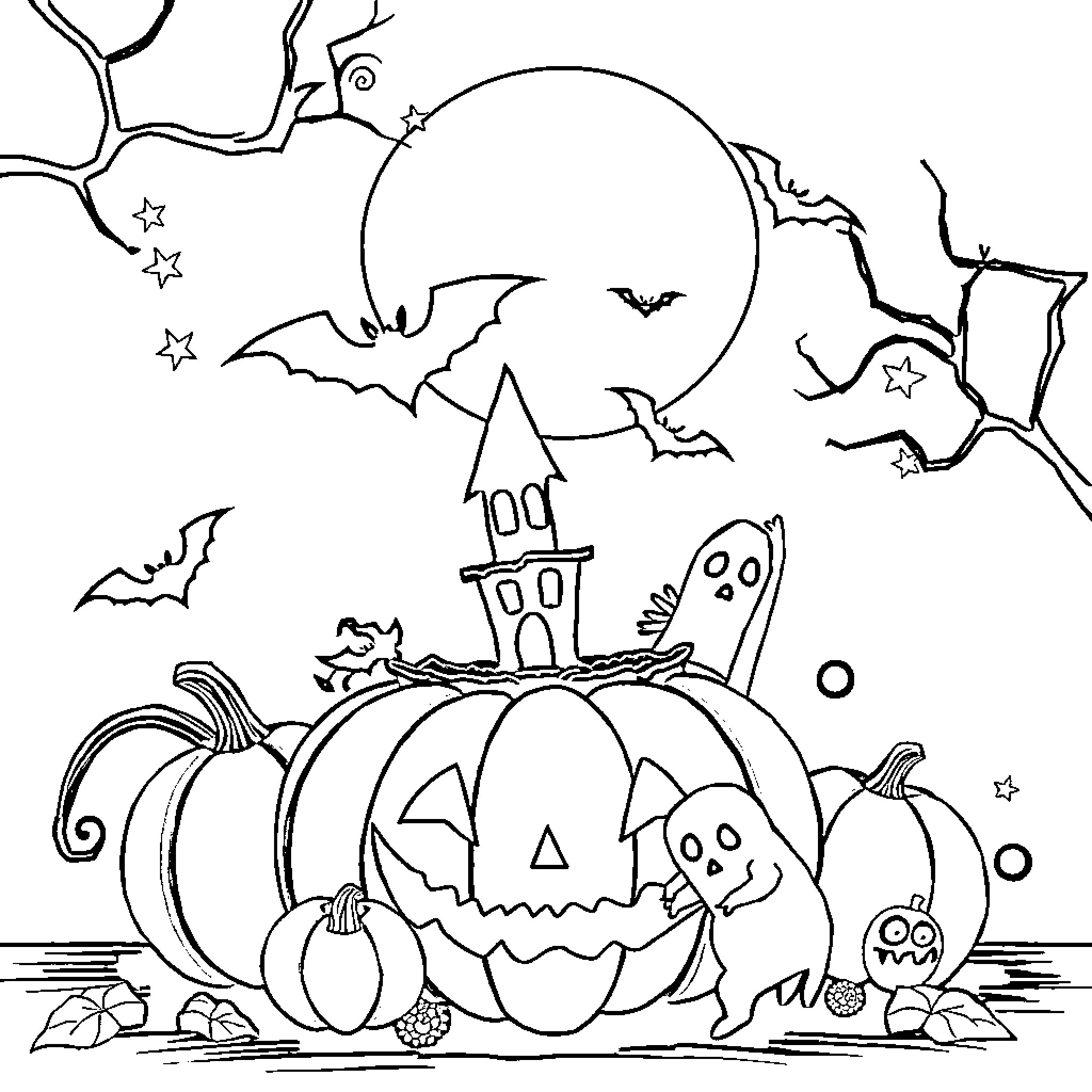 Halloween spooky pumpkins and haunted house scene Coloring Page (free black-and-white line drawing printable PDF for all, from beginners to advanced learners, including children, teens, adults, and seniors)