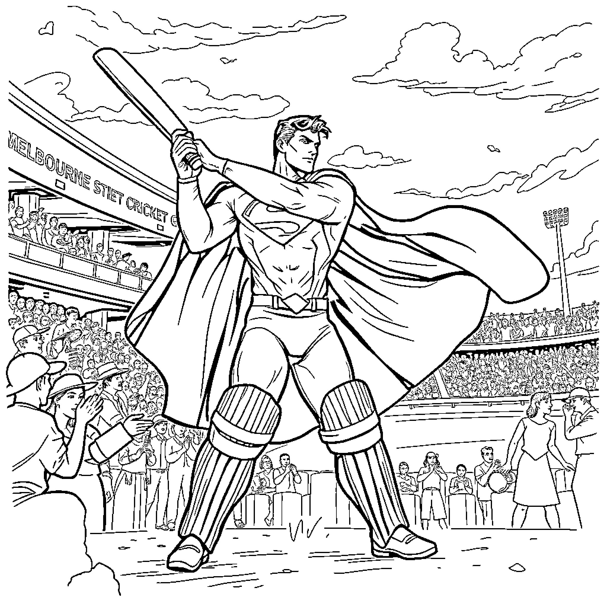 Superman playing cricket in the stadium Coloring Page (free black-and-white line drawing printable PDF for all, from beginners to advanced learners, including children, teens, adults, and seniors)