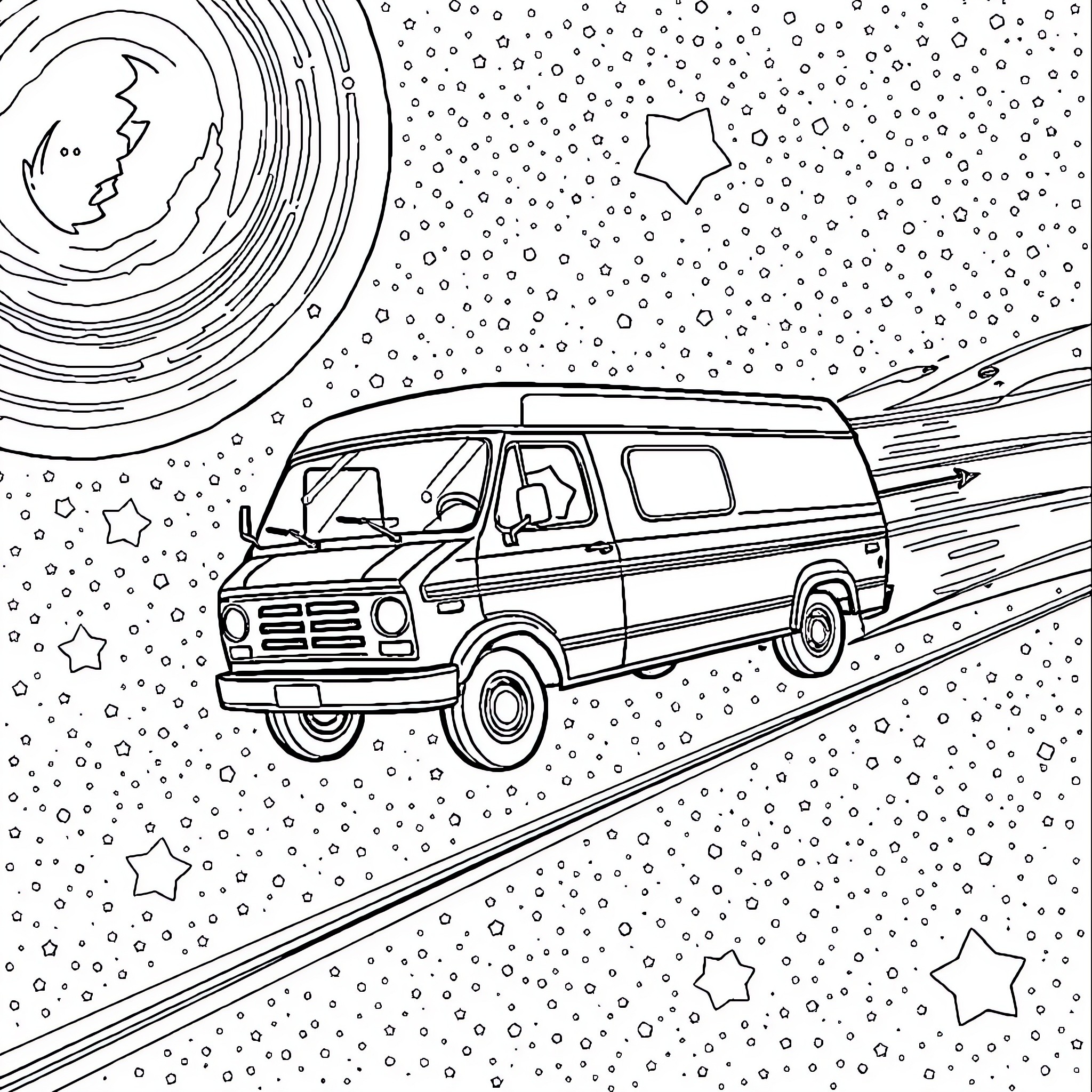 Stanley Steemer van speeding through starry night Coloring Page (free black-and-white line drawing printable PDF for all, from beginners to advanced learners, including children, teens, adults, and seniors)