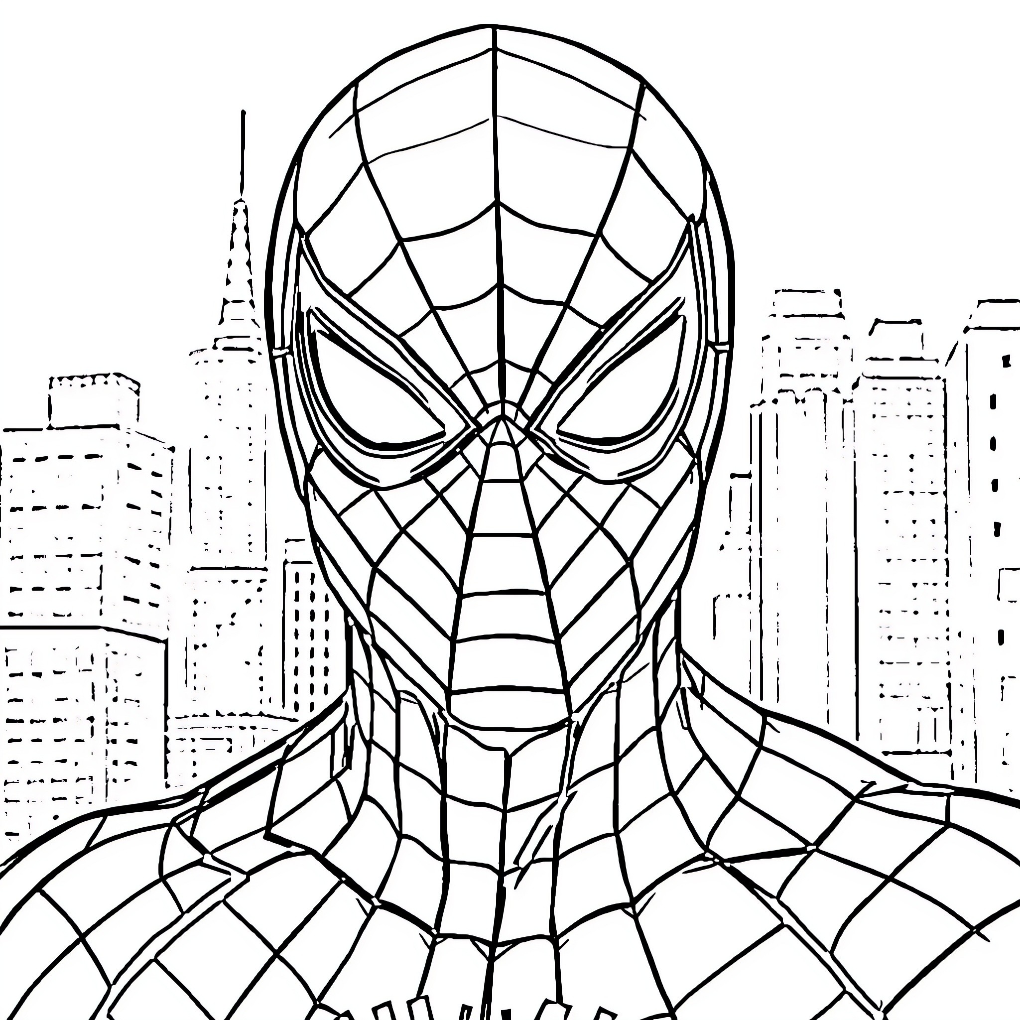 Spiderman contemplating the city skyline Coloring Page (free black-and-white line drawing printable PDF for all, from beginners to advanced learners, including children, teens, adults, and seniors)