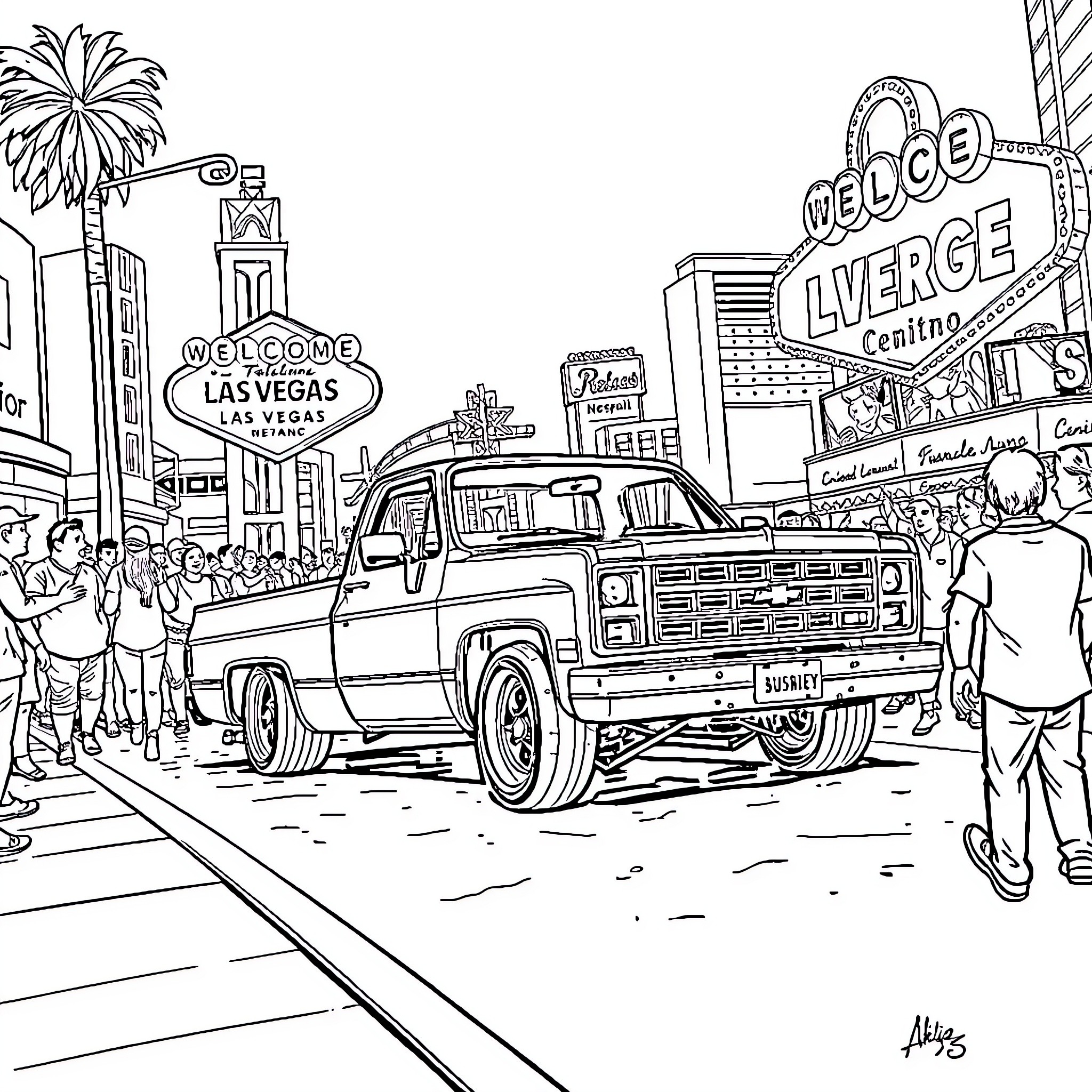 Chevy pickup cruising through the lively Las Vegas strip Coloring Page (free black-and-white line drawing printable PDF for all, from beginners to advanced learners, including children, teens, adults, and seniors)