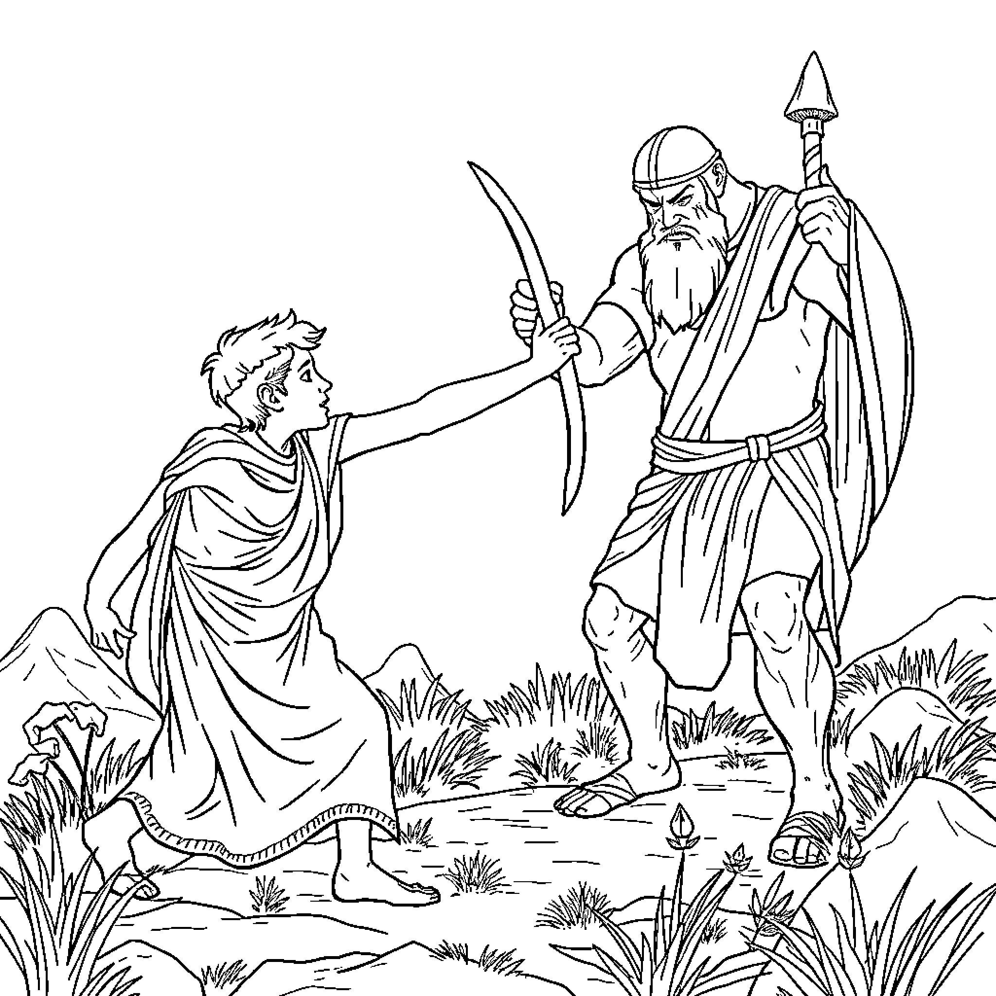 David's Battle with the Mighty Warrior Coloring Page (free black-and-white line drawing printable PDF for all, from beginners to advanced learners, including children, teens, adults, and seniors)