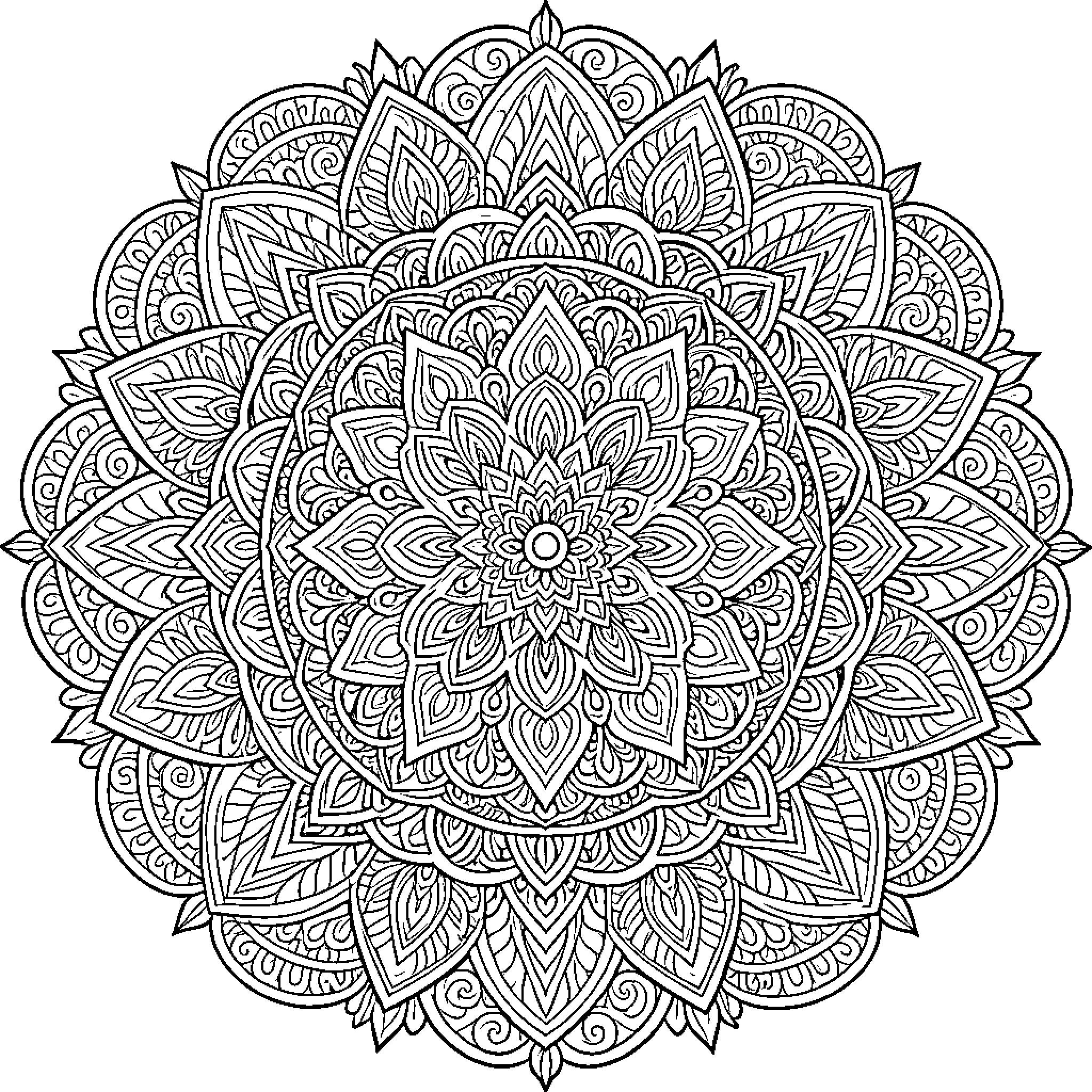 Mandala with intricate floral design Coloring Page (free black-and-white line drawing printable PDF for all, from beginners to advanced learners, including children, teens, adults, and seniors)