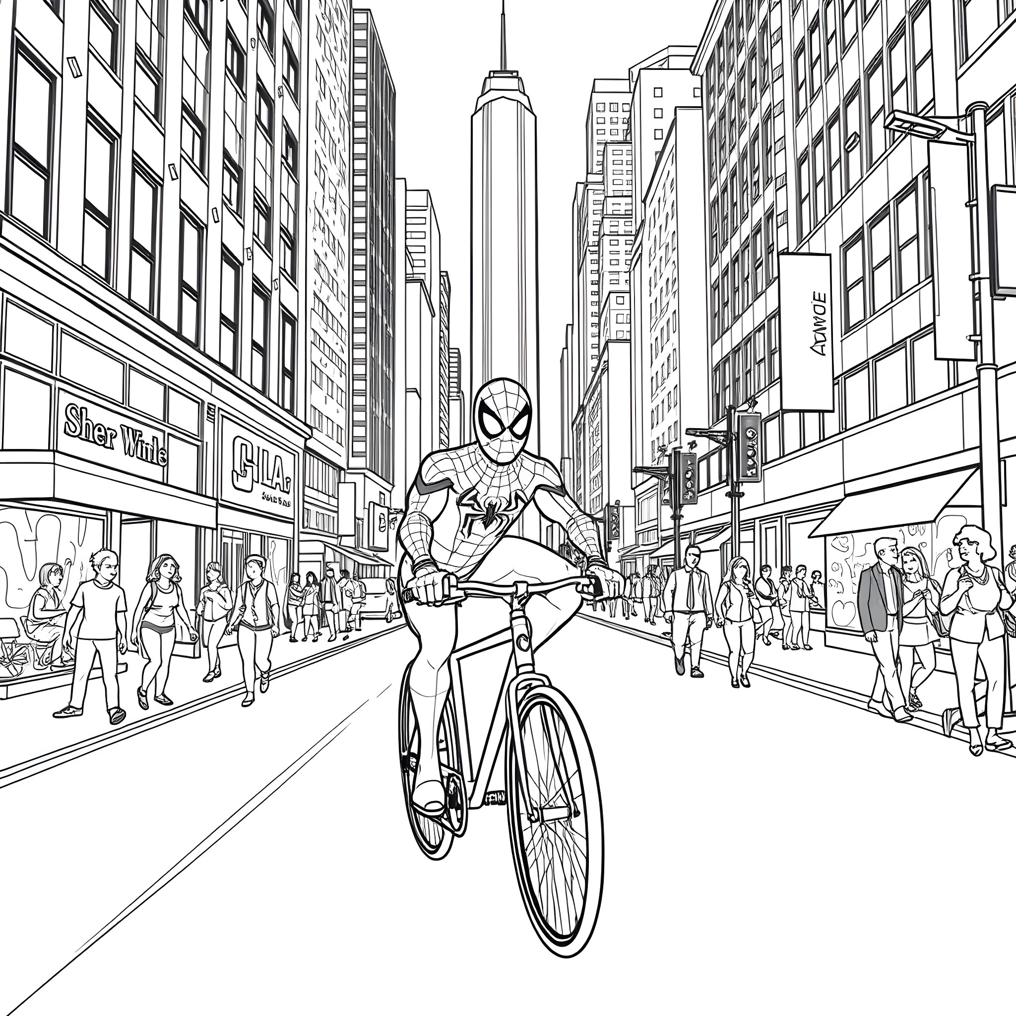 Spiderman cycling through the busy city streets Coloring Page (free black-and-white line drawing printable PDF for all, from beginners to advanced learners, including children, teens, adults, and seniors)