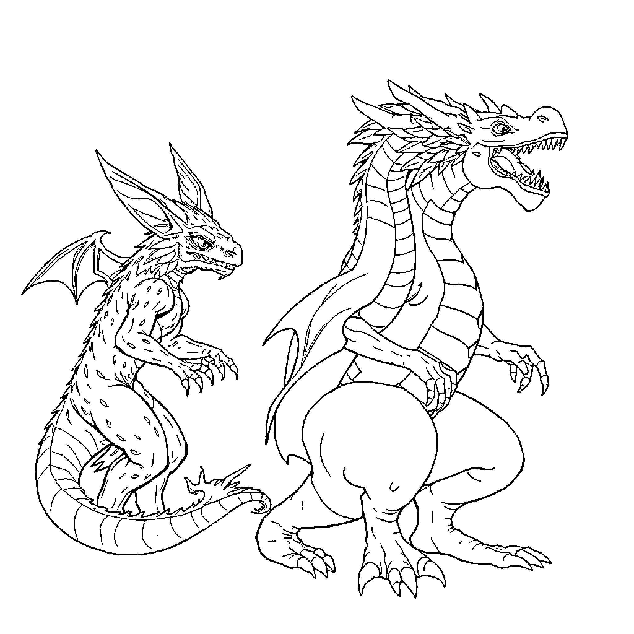 Pokémon Dragons Battling Ferociously Coloring Page (free black-and-white line drawing printable PDF for all, from beginners to advanced learners, including children, teens, adults, and seniors)