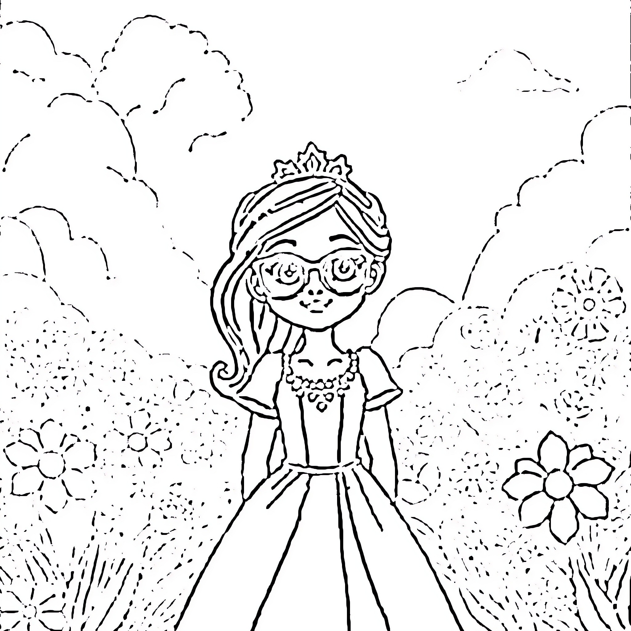 Princess in a Lovely Garden Coloring Page (free black-and-white line drawing printable PDF for all, from beginners to advanced learners, including children, teens, adults, and seniors)