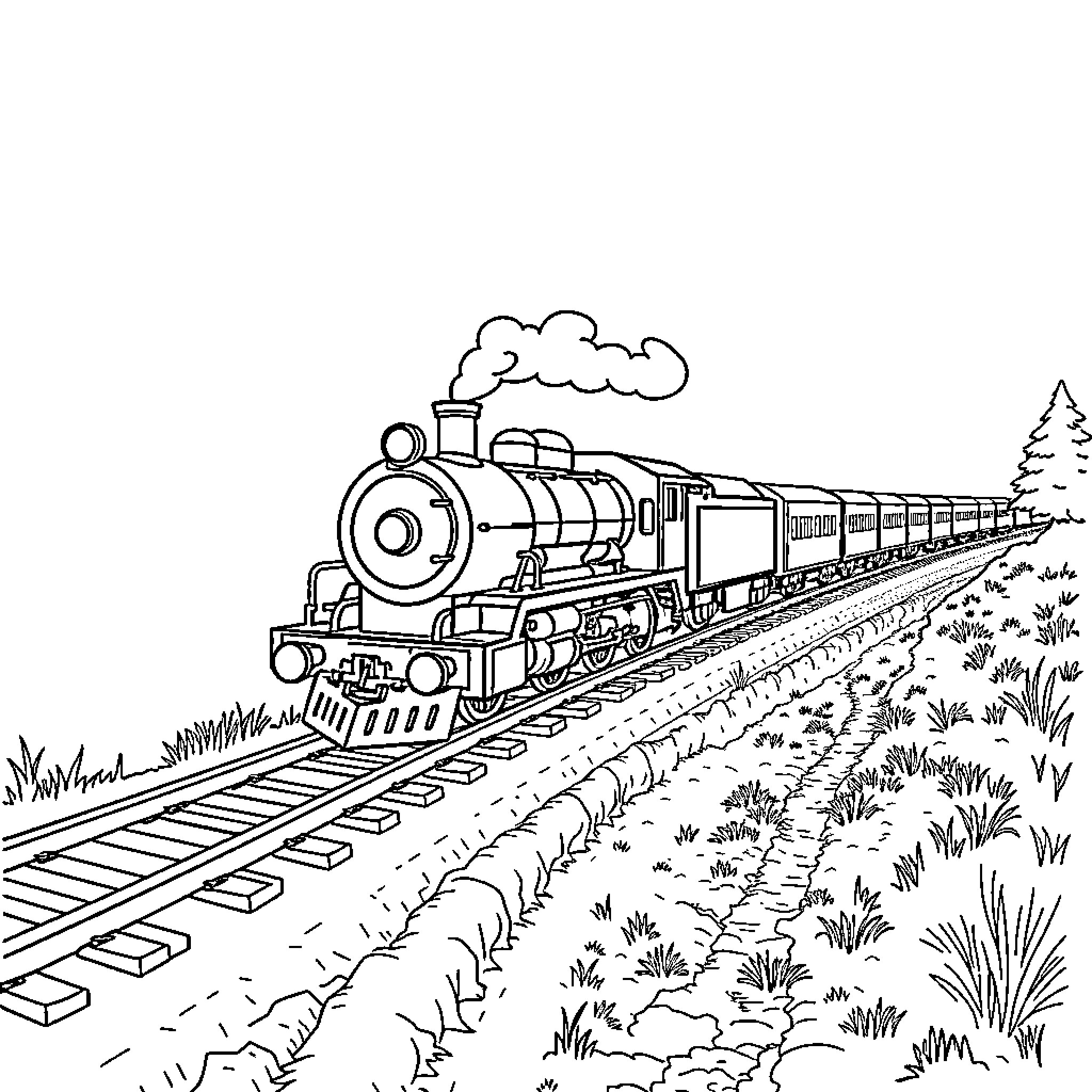Train traveling through scenic countryside Coloring Page (free black-and-white line drawing printable PDF for all, from beginners to advanced learners, including children, teens, adults, and seniors)