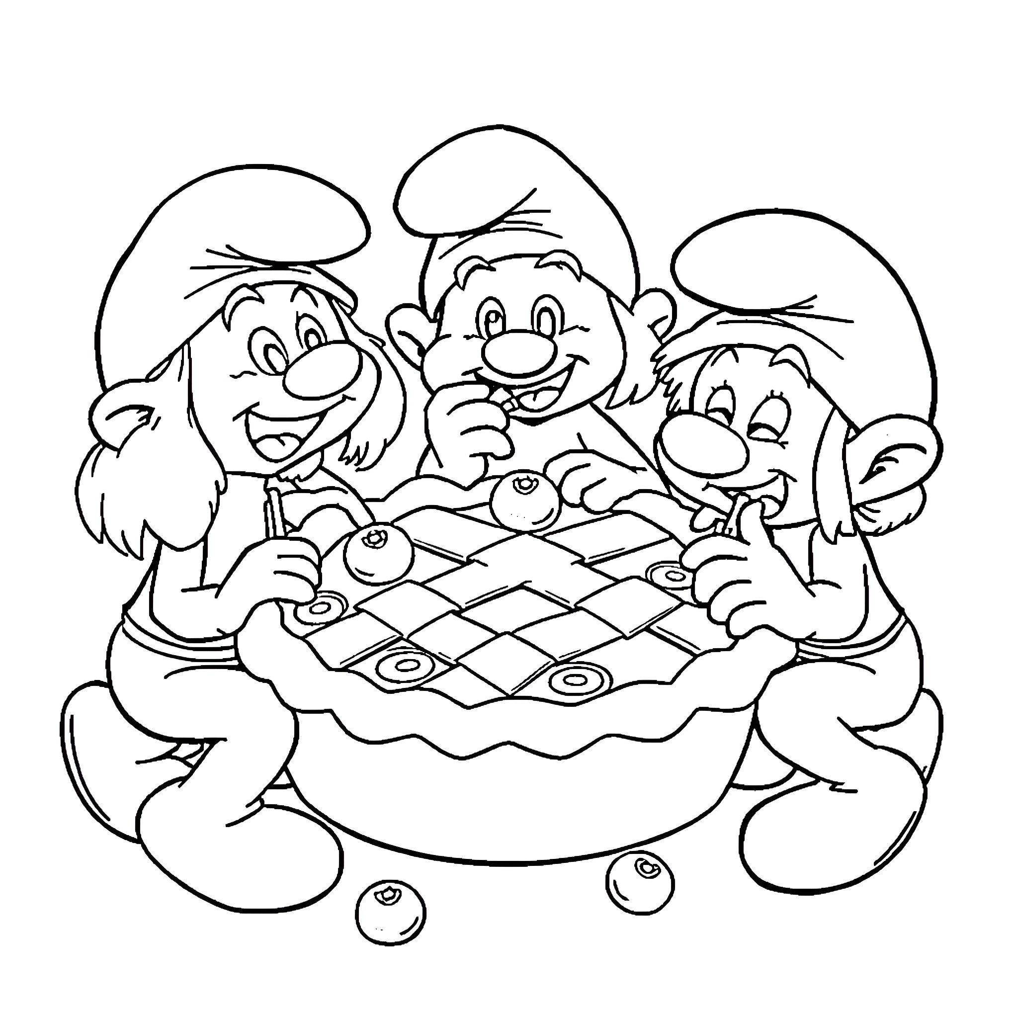 Smurfs enjoying a picnic together Coloring Page (free black-and-white line drawing printable PDF for all, from beginners to advanced learners, including children, teens, adults, and seniors)