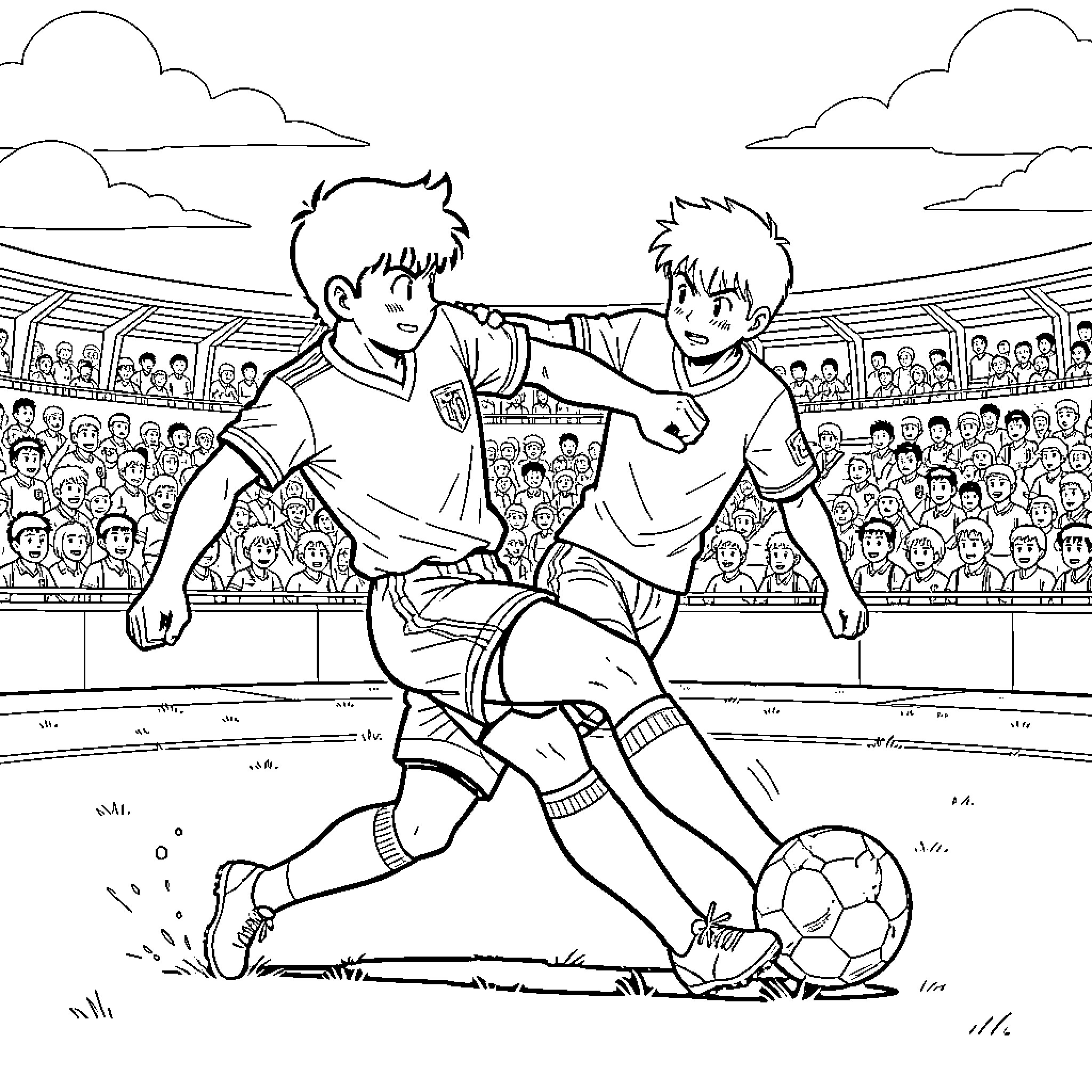 Captain Tsubasa players competing for the ball in a stadium Coloring Page (free black-and-white line drawing printable PDF for all, from beginners to advanced learners, including children, teens, adults, and seniors)